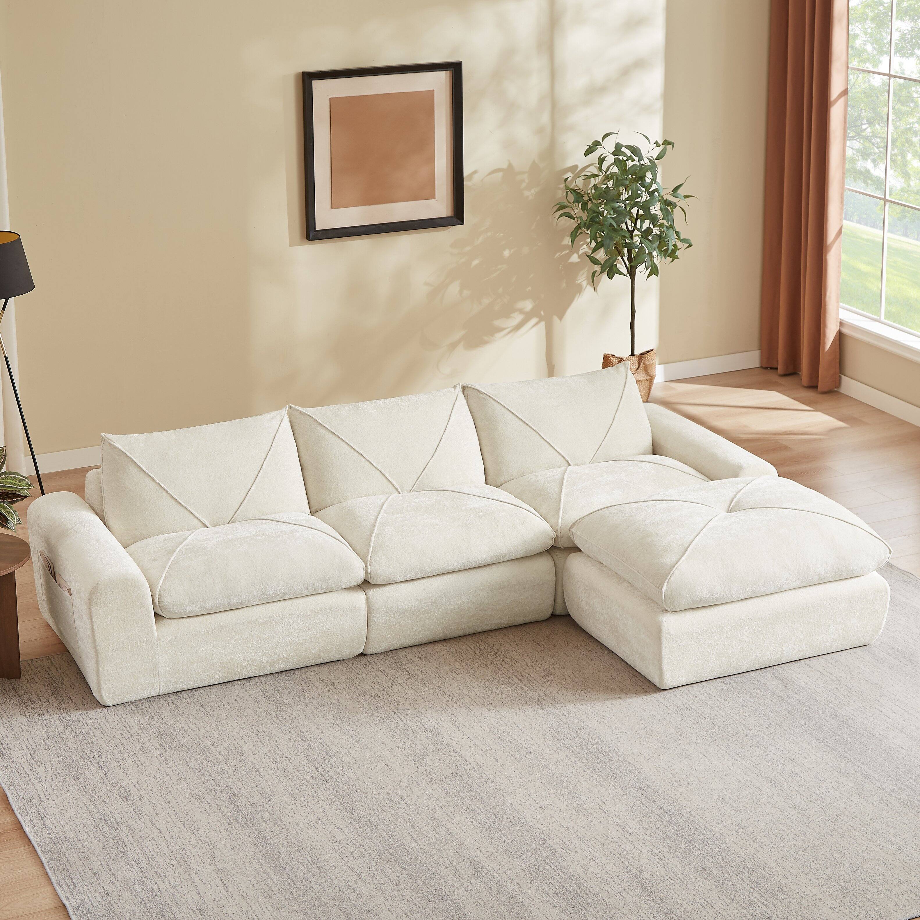 Left. Loheer - Loheer 119 Inch Chenille Sectional Sofa with Ottoman Modern Minimalist Living Room Couch for Family - Beige.