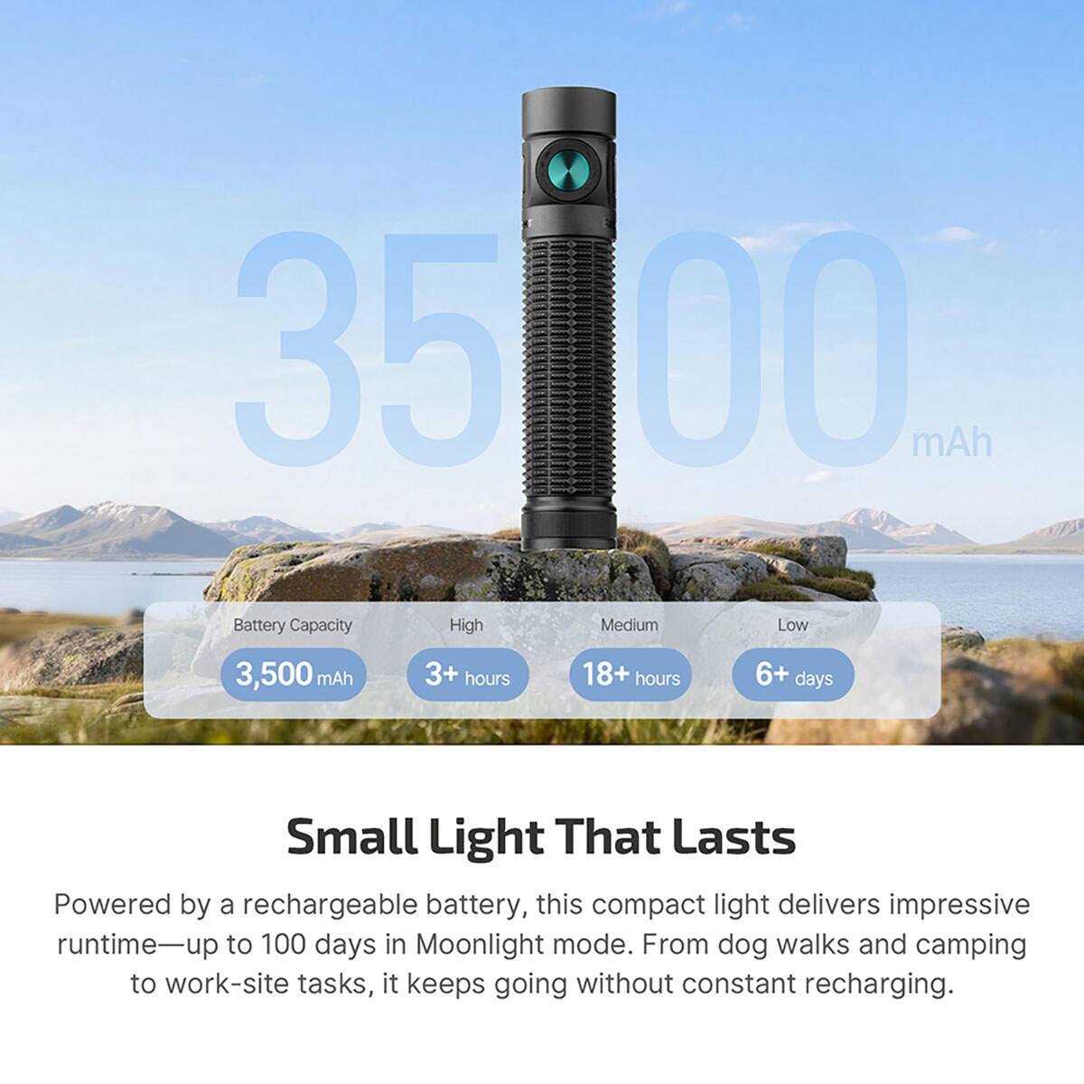3500 mAh Battery Capacity

High: 3+ hours  
Medium: 18+ hours  
Low: 6+ days  

Small Light That Lasts

Powered by a rechargeable battery, this compact light delivers impressive runtime—up to 100 days in Moonlight mode. From dog walks and camping to work-site tasks, it keeps going without constant recharging.