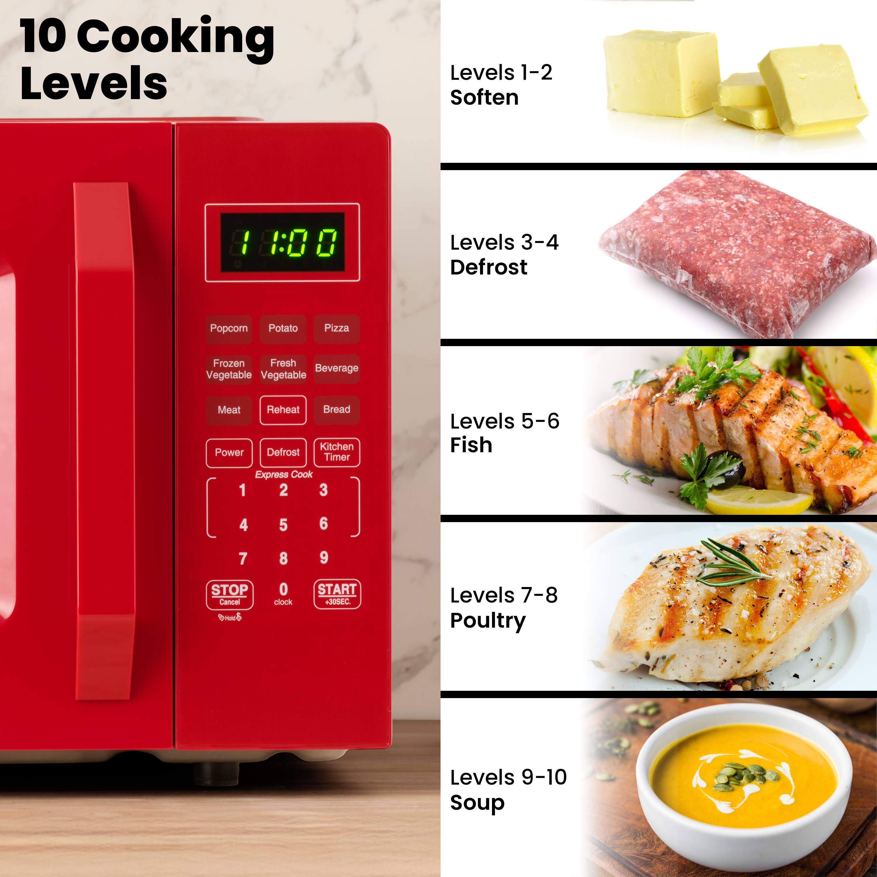 10 Cooking Levels

Levels 1-2 Soften

Levels 3-4 Defrost

Levels 5-6 Fish

Levels 7-8 Poultry

Levels 9-10 Soup

Popcorn Potato Pizza Frozen Fresh Vegetable Beverage Meat Reheat Bread

Power Defrost Kitchen Timer Express Cook

1 2 3 4 5 6 7 8 9 STOP Cancel 0 clock START