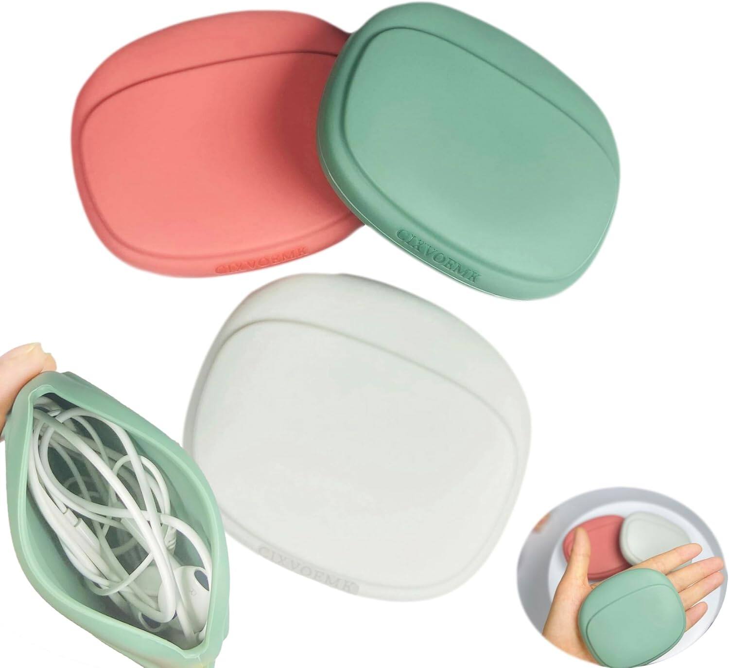 Front. ACJPR - Silicone Cable & Earphone Organizer Case – Portable, 3-Pack, Red/Grey/Green.