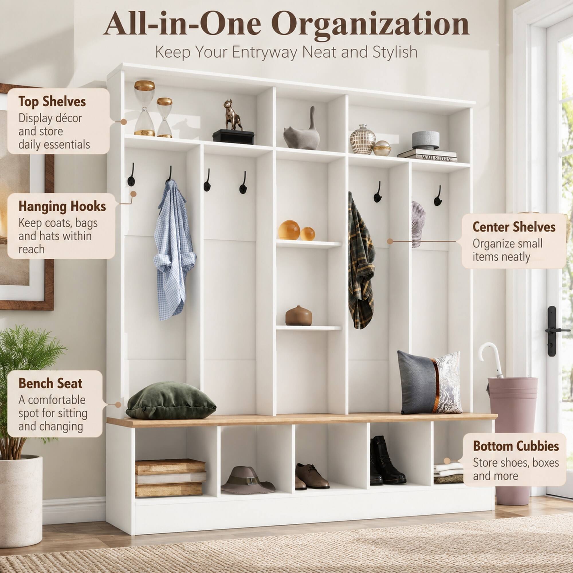 RYHNUYNE ON TREND Wide Hall Tree, Entryway Storage Bench, 5 Cube ...