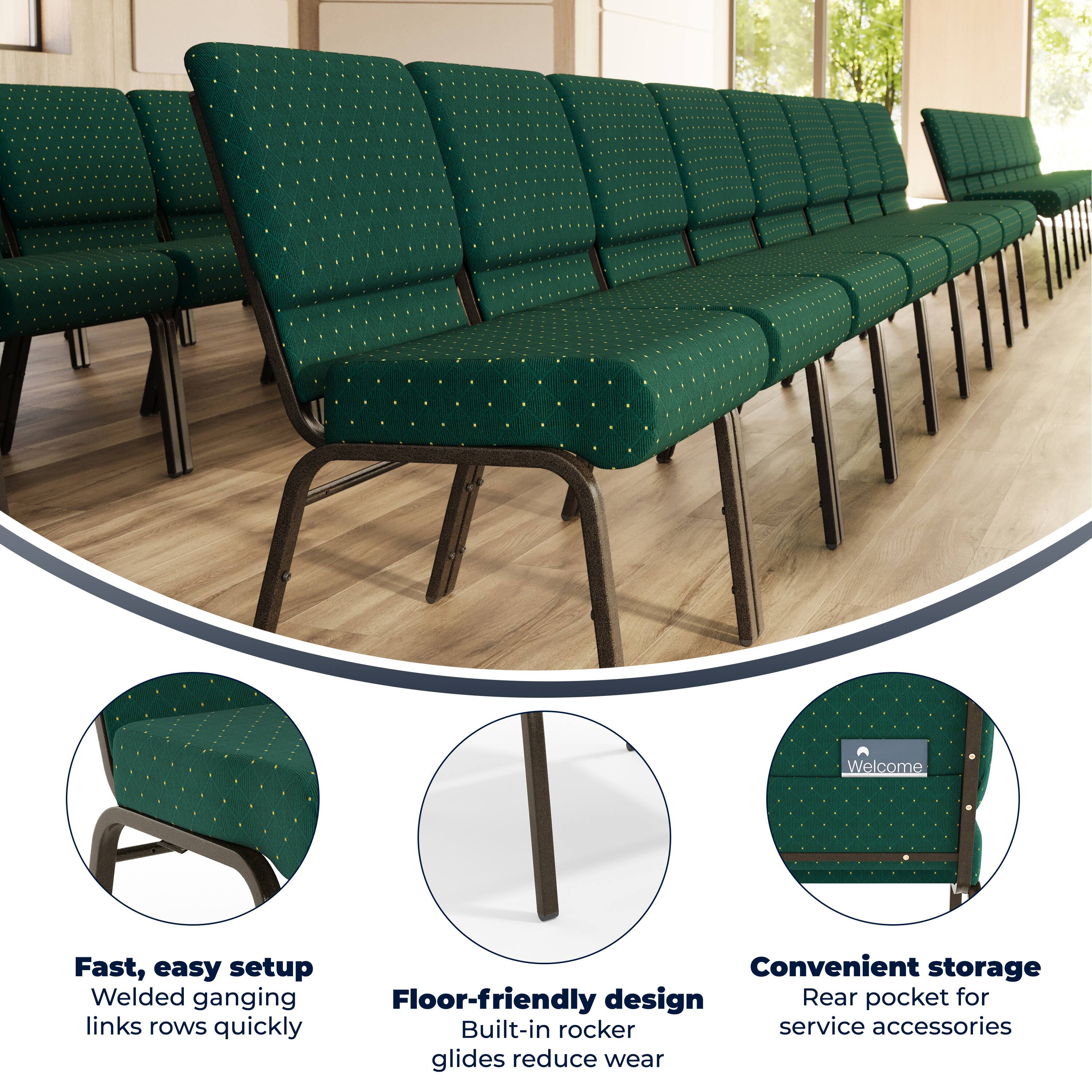 Fast, easy setup  
Welded ganging links rows quickly  

Floor-friendly design  
Built-in rocker glides reduce wear  

Convenient storage  
Rear pocket for service accessories