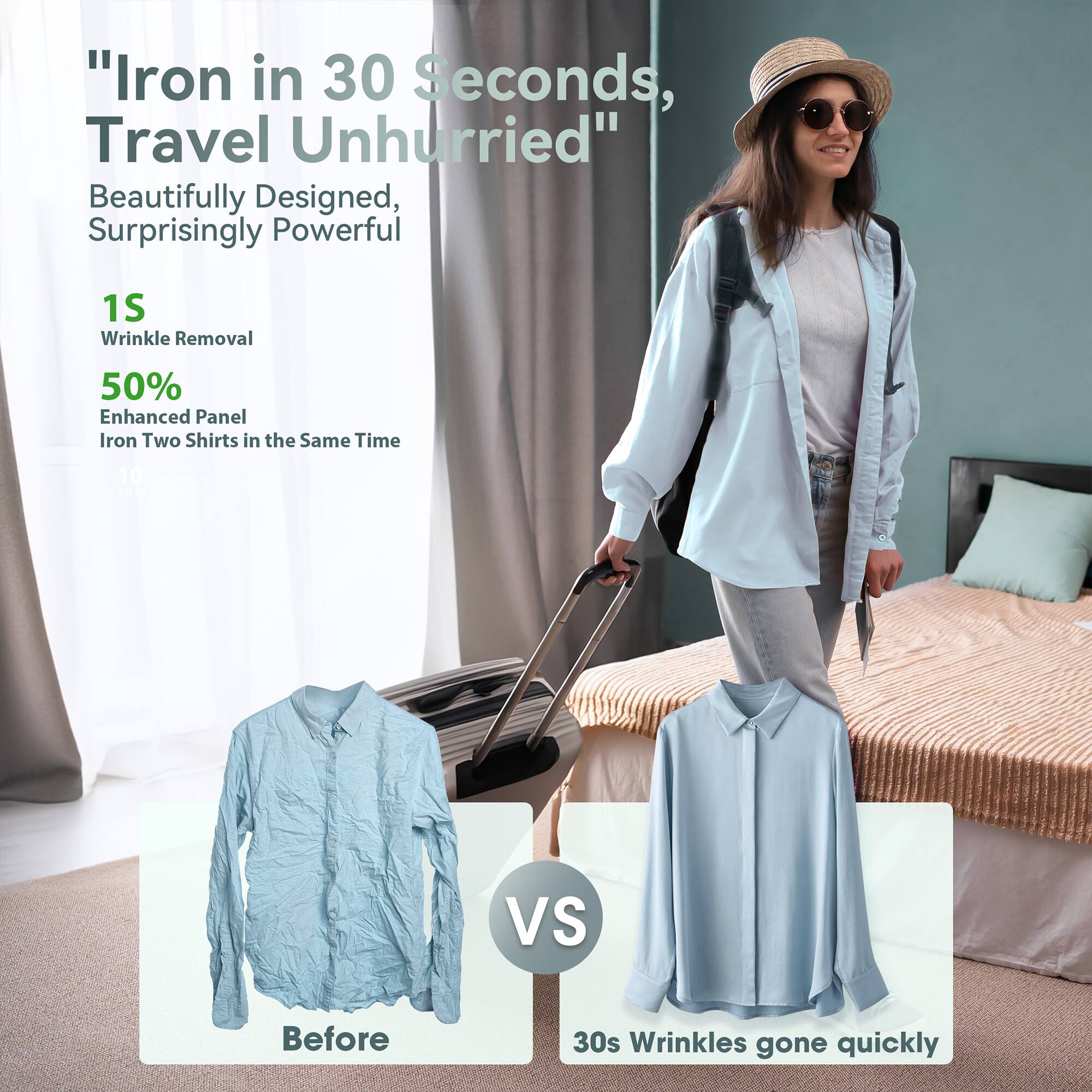 "Iron in 30 Seconds, Travel Unhurried"

Beautifully Designed, Surprisingly Powerful

1S Wrinkle Removal

50% Enhanced Panel

Iron Two Shirts in the Same Time

Before

VS

30s Wrinkles gone quickly