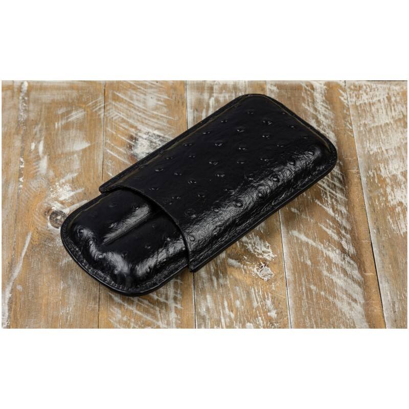 Left. Prestige - Ostrich 2 Cigar Case (Black) - Black Leather Finish.