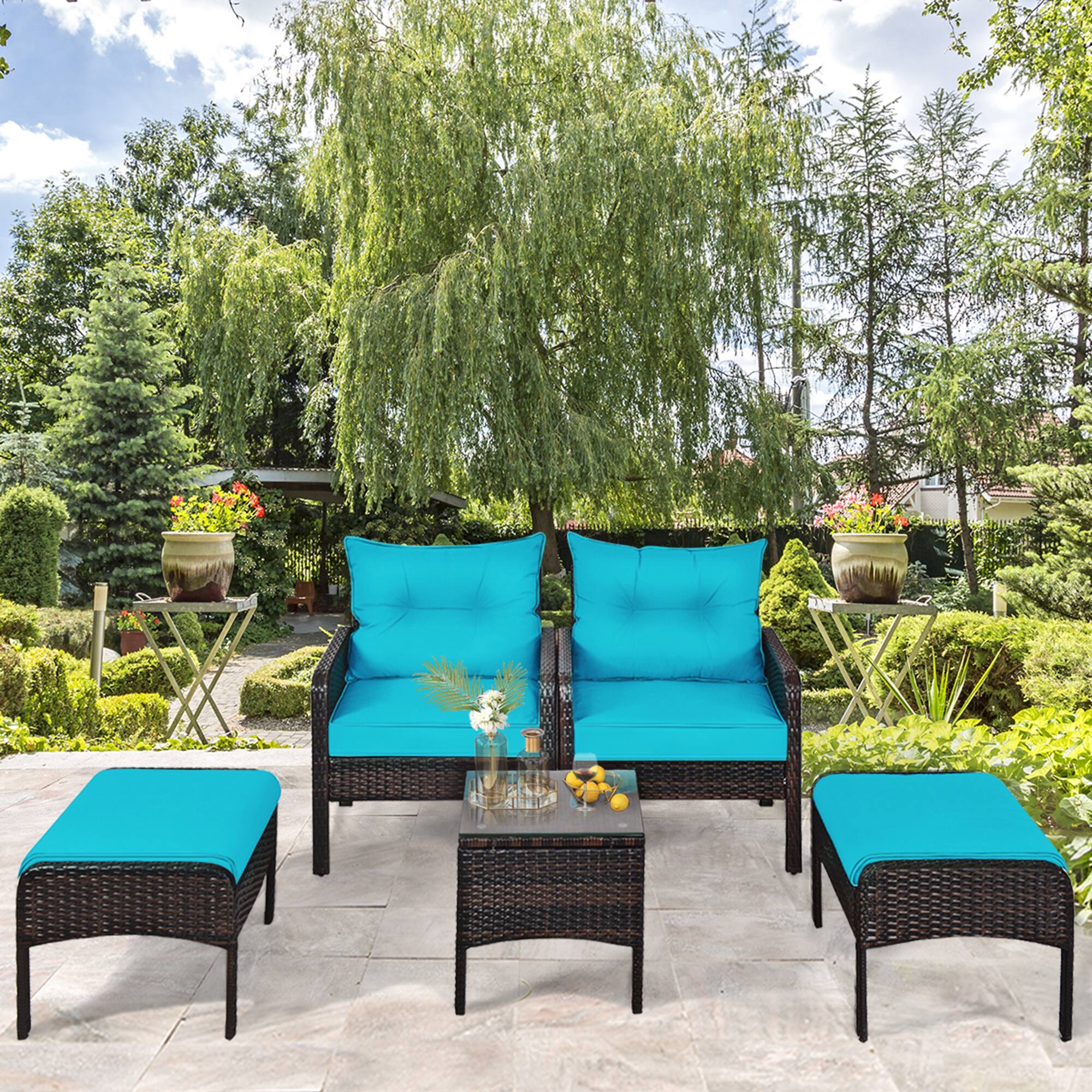 Alt View 4. Gymax - Gymax 5PCS Patio Set Sectional Rattan Wicker Furniture Set w/ Turquoise Cushion - as pic.