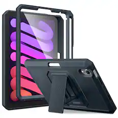 Front. DTTO - Shockproof Case for iPad mini 7 (A17 Pro) 2024 / iPad mini 6 2021 8.3 Inch, Built-in Screen Protector and Pencil Holder - Navy Blue.