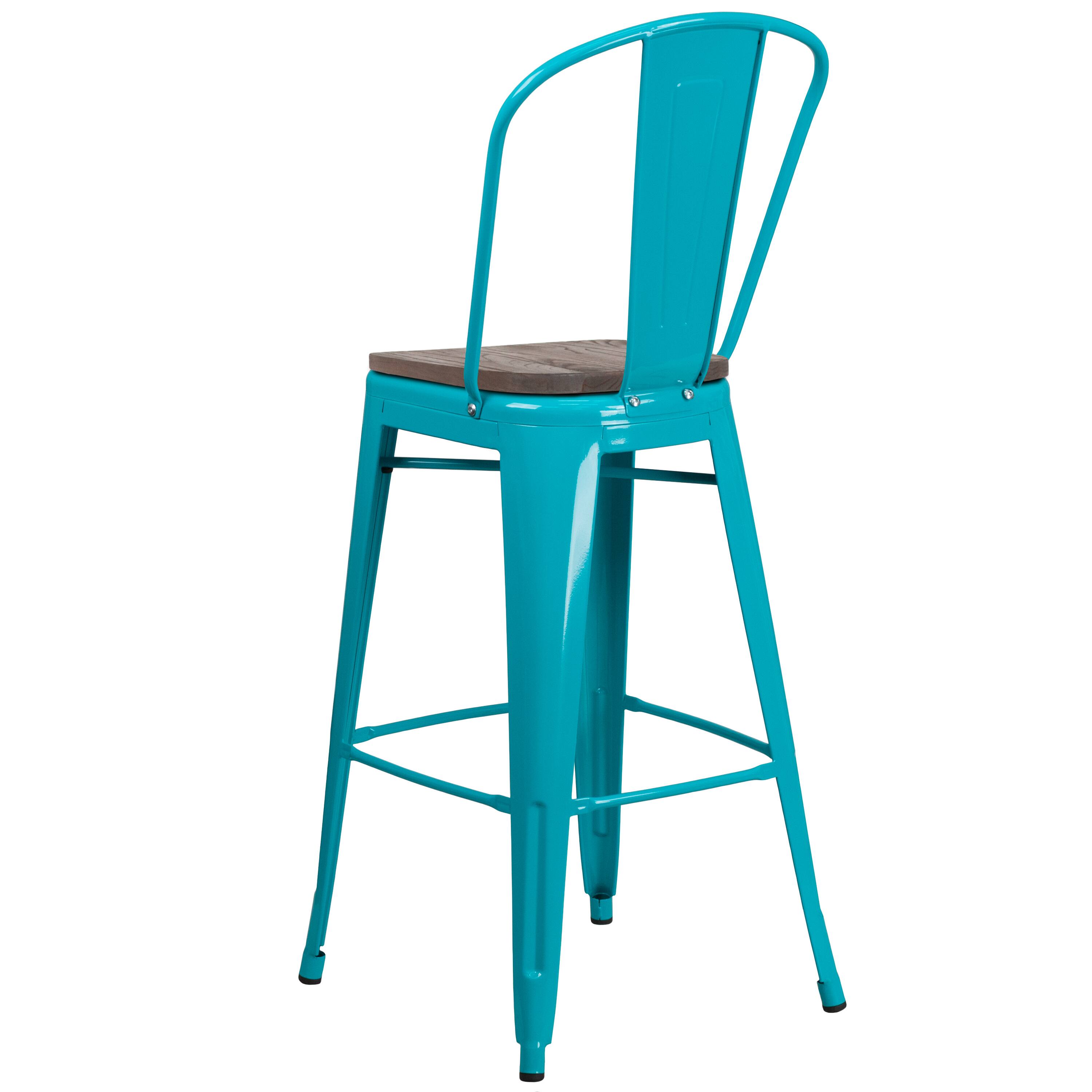 Alt View 3. Emma + Oliver - 30"H Metal Dining Barstool with Back and Wood Seat - Crystal Teal-Blue.