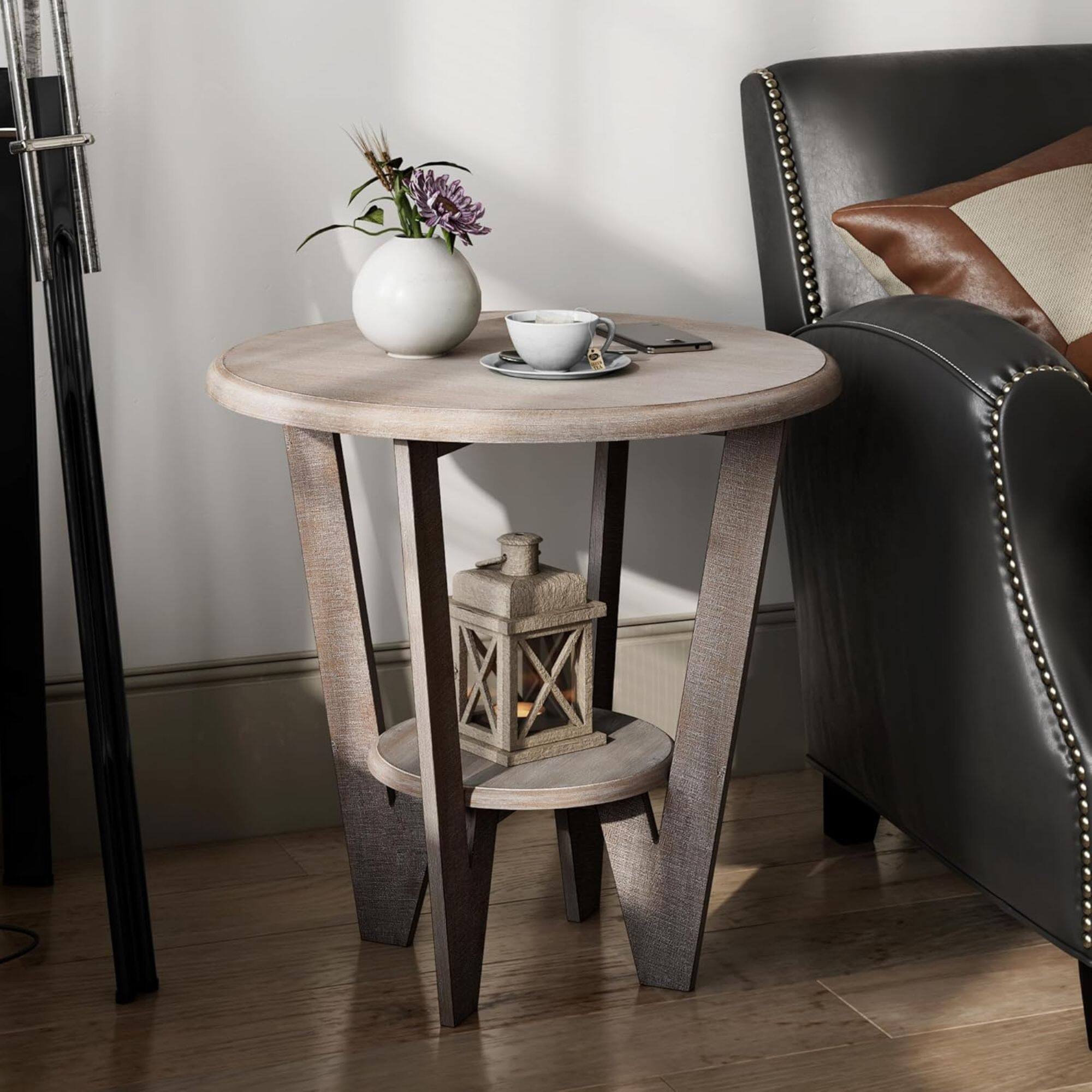 Alt View 5. COZAYH - COZAYH Rustic Farmhouse Wooden End Table with Storage Shelf, Vintage Grey Finish - Vintage Grey.