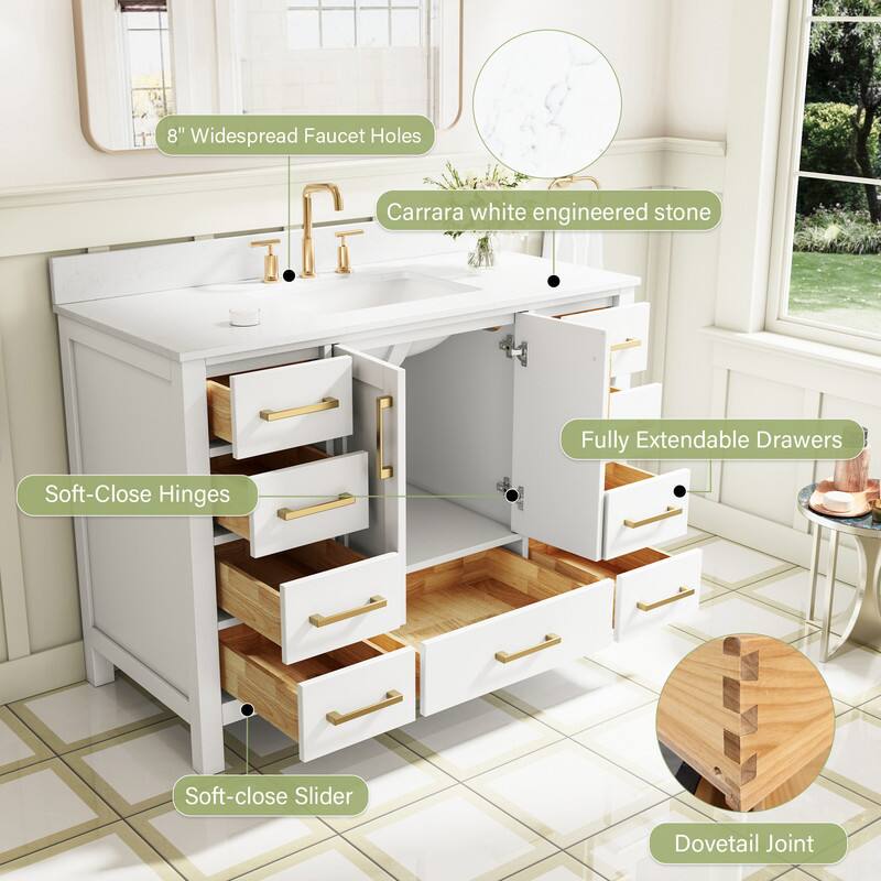 8" Widespread Faucet Holes  
Carrara white engineered stone  
Fully Extendable Drawers  
Soft-Close Hinges  
Soft-close Slider  
Dovetail Joint
