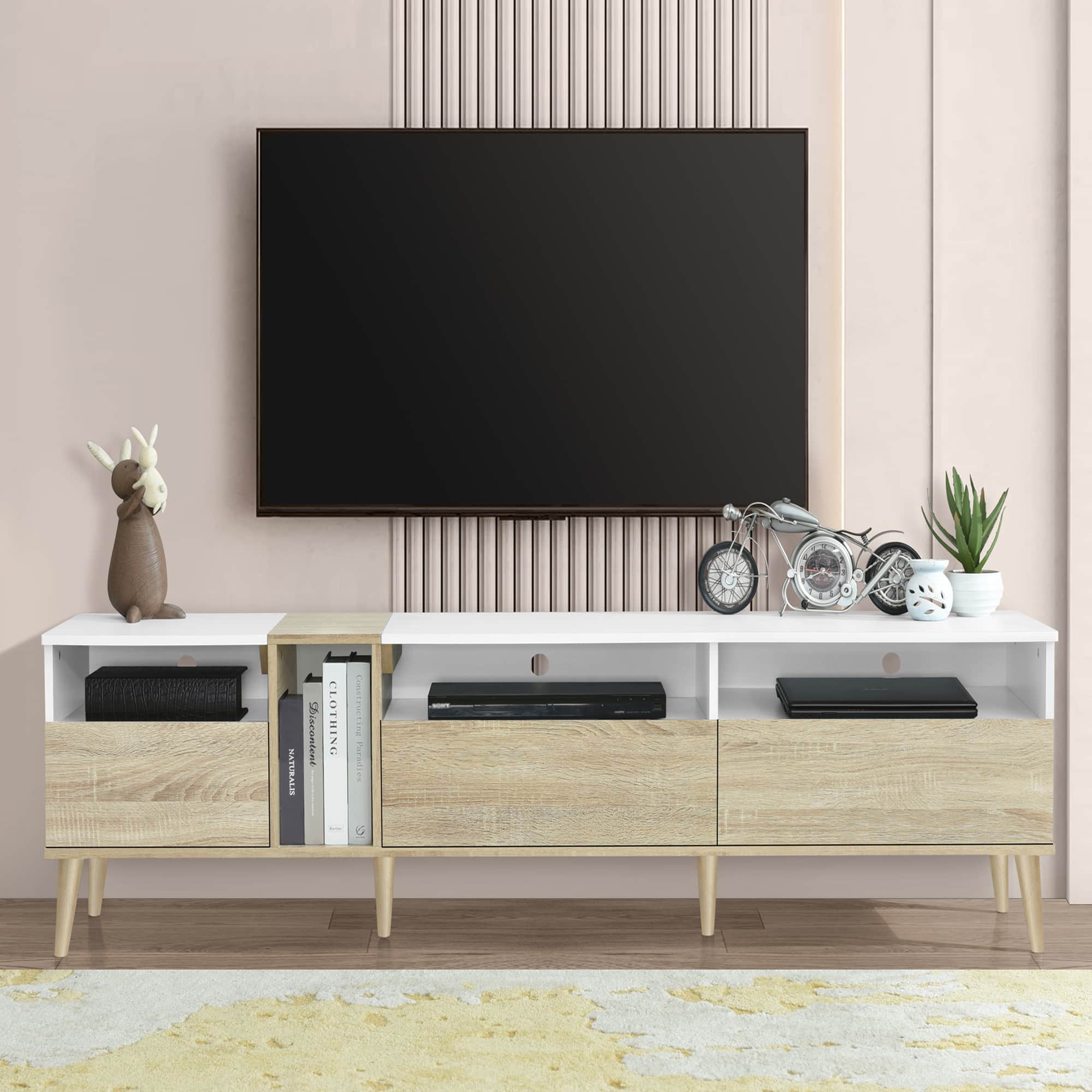 PexFix - Modern TV Stand for 80" TVs, Media Console Entertainment Center with 3 Drawers & Open Storage - Oak