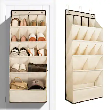 Front. Acteck - Over the Door Shoe Organizers with Large Pocket, Hanging Shoe Rack Back of Door,Shoe Holder for Closet Storage Shoe Rack - Beige.