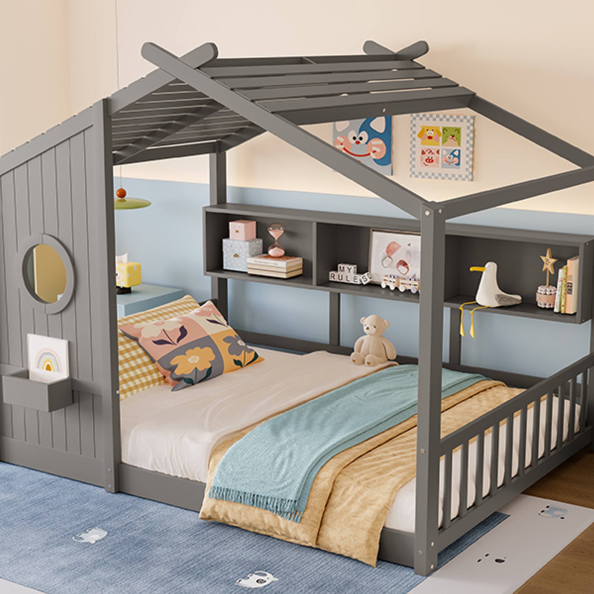 Alt View 10. GOODSILO - Montessori Floor House Bed for Toddlers with Storage Shelf and Playhouse Roof Design - Gray.