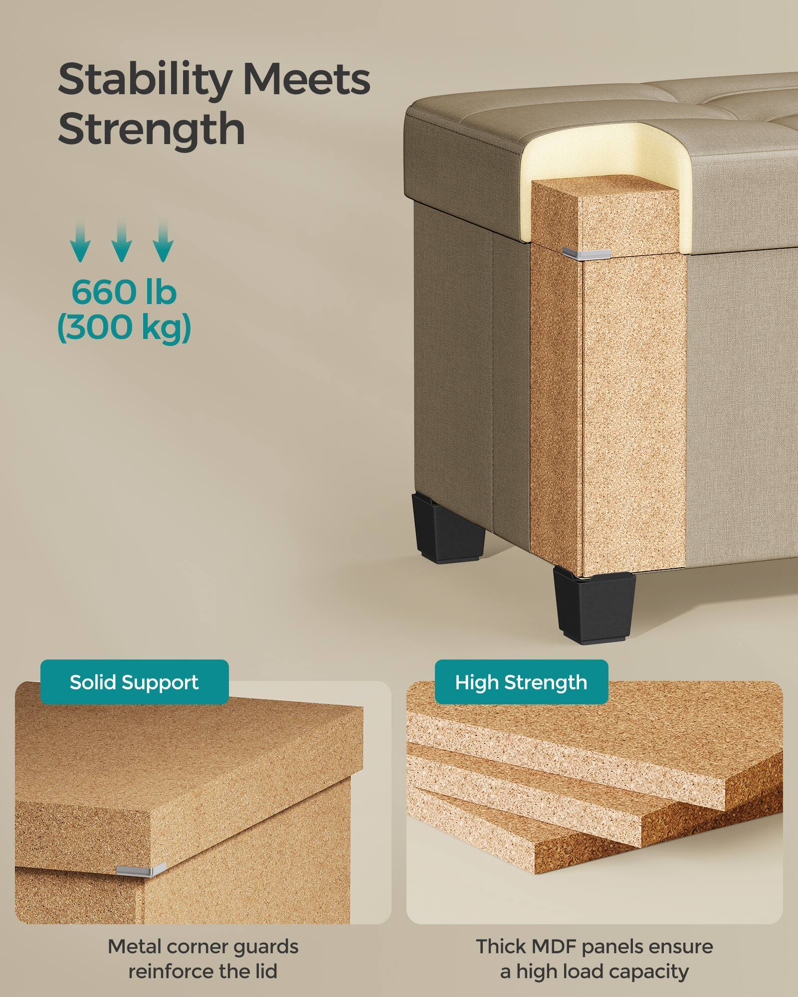 Stability Meets Strength

660 lb (300 kg)

Solid Support
Metal corner guards reinforce the lid

High Strength
Thick MDF panels ensure a high load capacity