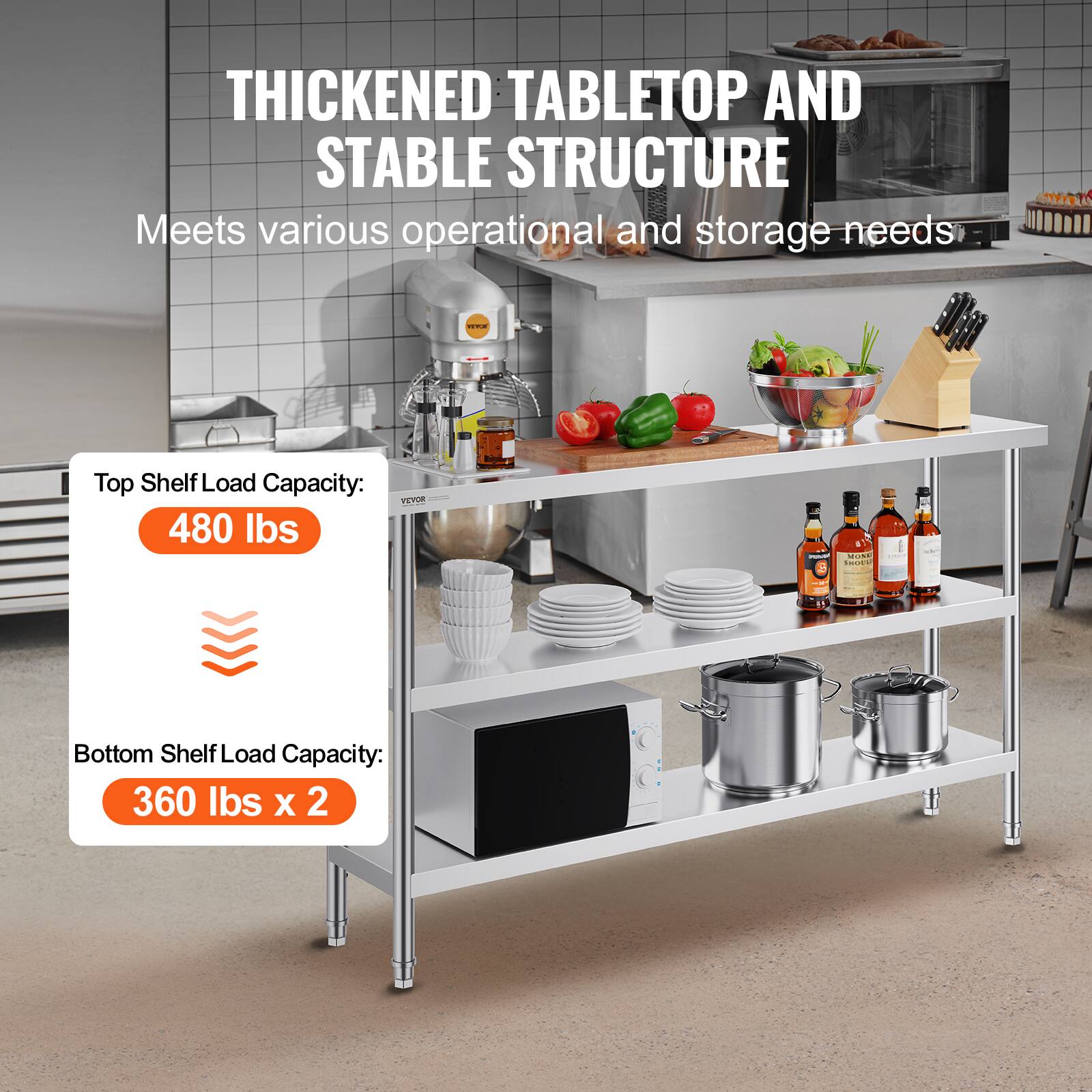 THICKENED TABLETOP AND STABLE STRUCTURE Meets various operational and storage needs -- Top Shelf Load Capacity: 480 lbs Bottom Shelf Load Capacity: 360 lbs x 2