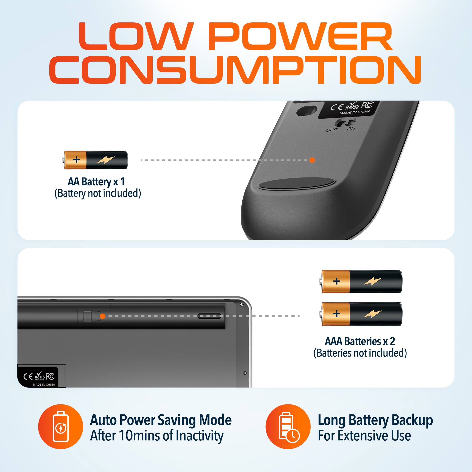 LOW POWER CONSUMPTION

C E FC

AA Battery x 1 (Battery not included)

AAA Batteries x 2 (Batteries not included)

Auto Power Saving Mode After 10mins of Inactivity

Long Battery Backup For Extensive Use