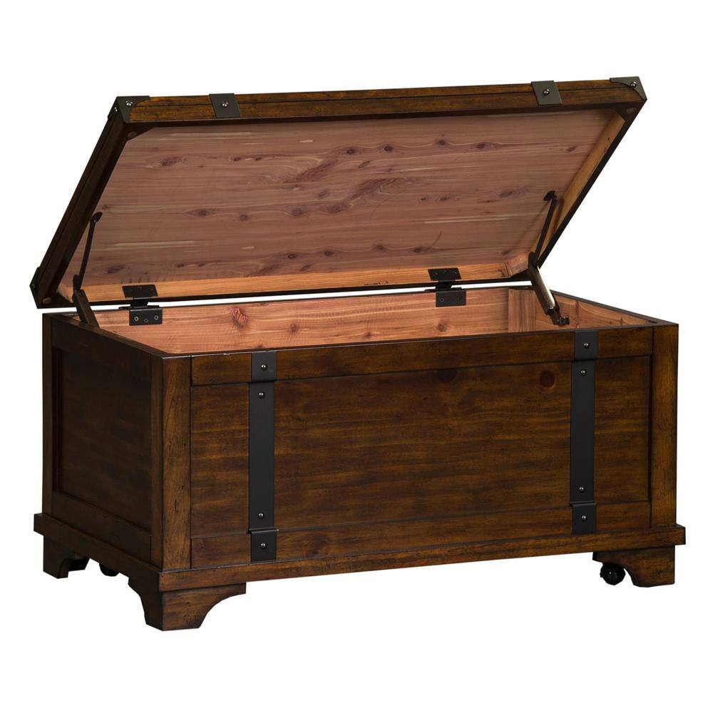 Angle. Liberty Furniture Industries - Aspen Skies Storage Trunk in Russet Brown - Brown.