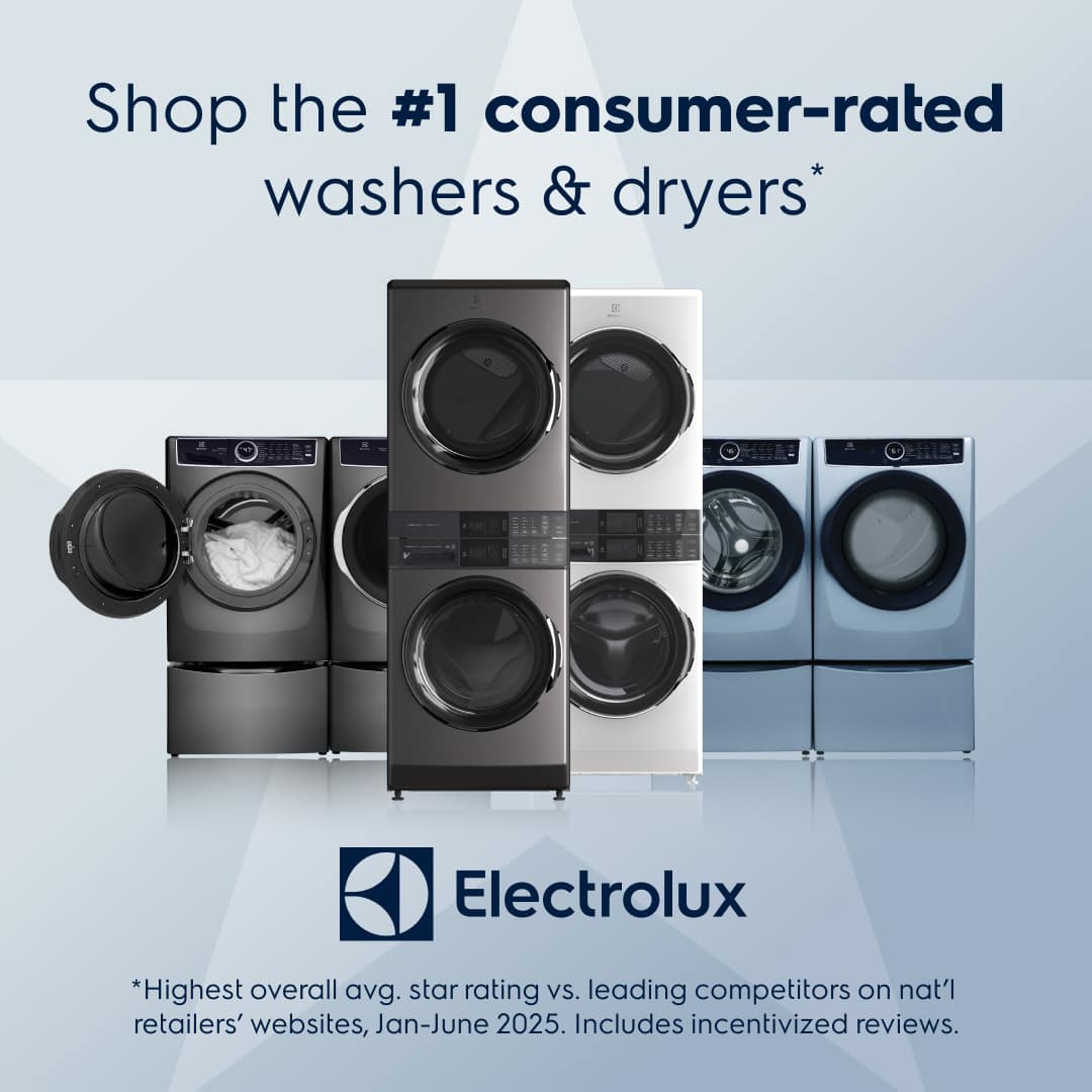 Shop the #1 consumer-rated washers & dryers*
Electrolux
*Highest overall avg. star rating vs. leading competitors on nat'l retailers' websites, Jan-June 2025. Includes incentivized reviews.