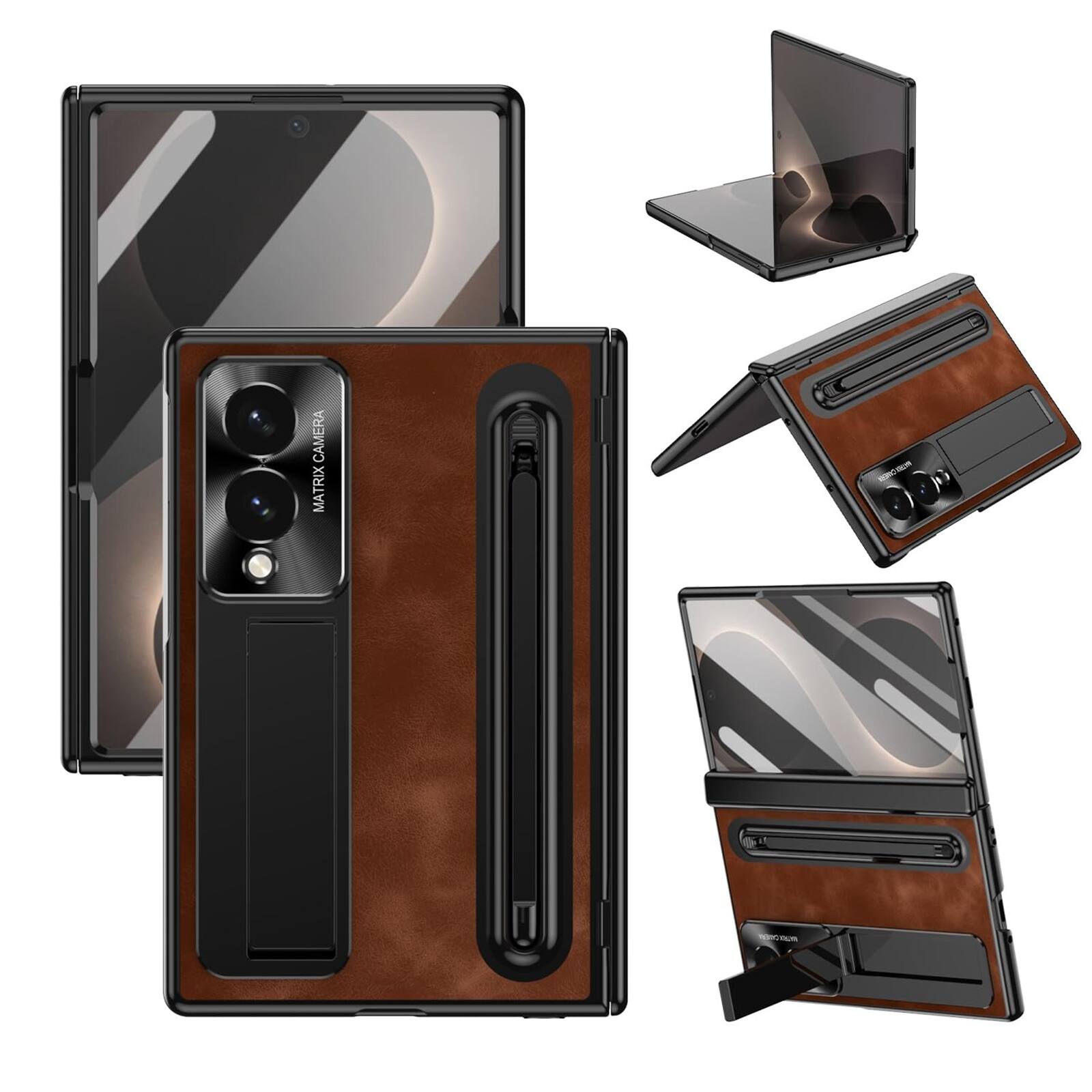 Dteck - For Samsung Galaxy Z Fold8 Case Vintage PU Leather Full Body Hinge Cover with Built-in Front Screen Protector - Brown