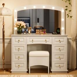 LUCKY ONE - Luxurious Makeup Vanity w/ 10 Hollywood Bulbs 9 Drawers & Storage Stool - White
