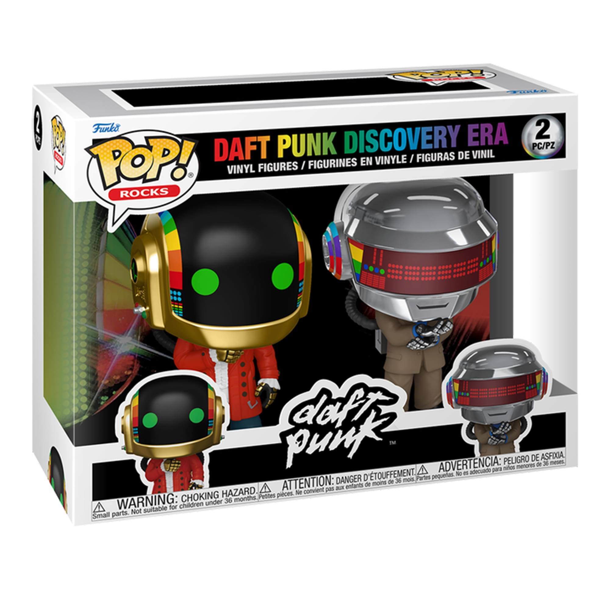 OP! Funko  
Funko POP!  
DAFT PUNK DISCOVERY ERA  
VINYL FIGURES / FIGURINES EN VINYLE / FIGURAS DE VINIL  
2 PC/PZ  

dakt Punk D'TOUFFEMENT.  
Partes pequeñas.  
ADVERTENCIA: No adecuado para niños menores de 36 meses, PELIGRO DE ASFIXIA.  
ATTENTION: DANGER enfants de moins de 36 mois, convient pas aux CHOKING HAZARD.  
WARNING: Small parts. Not suitable for children under 36 months.