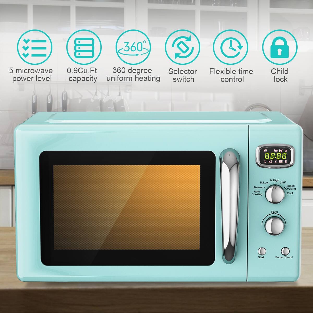5 microwave power level
0.9Cu.Ft capacity
360 degree uniform heating
Selector switch
Flexible time control
Child lock
WY Aate Del o 00.00
00.00 & L M.L . K 1 M.High High M.Low. Defrost Speed Cooking Auto Cooking Cook Enter StarT Panse Cancel