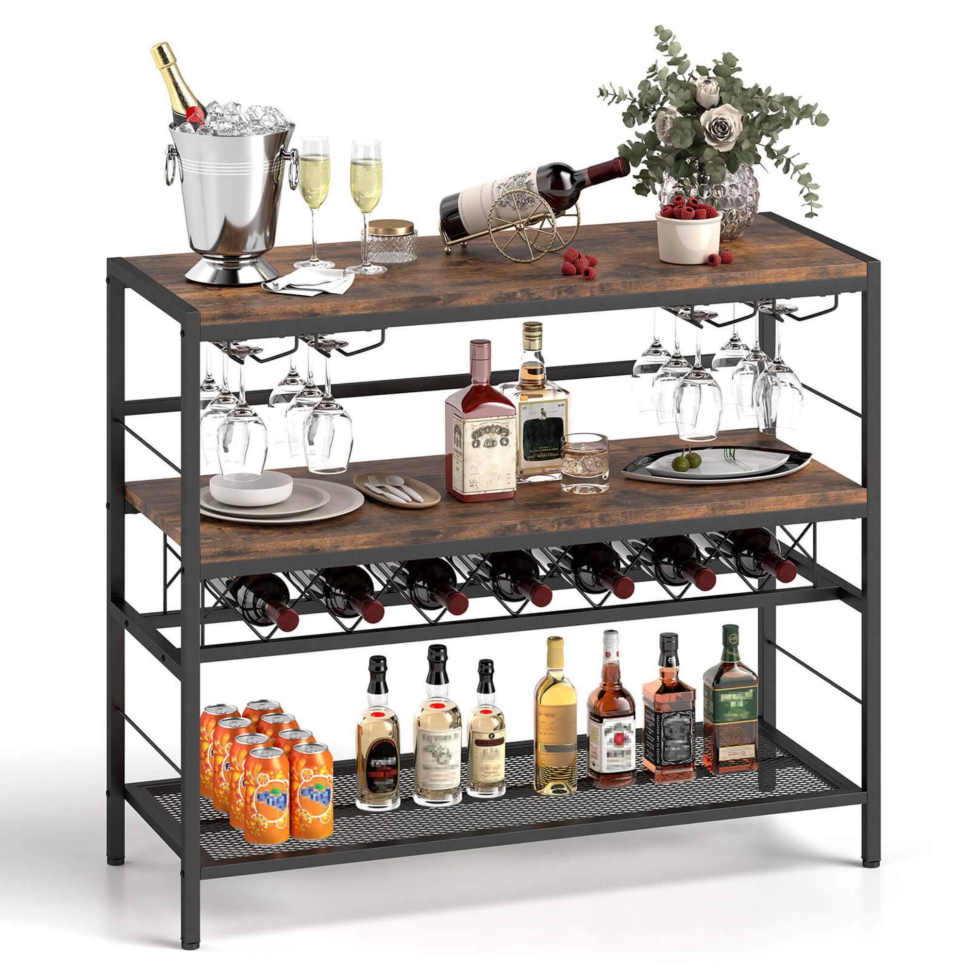 Front. Costway - Costway 41" Wine Rack with 4 Glass Holders Wide Countertop Middle & Bottom Storage Shelves - Brown.