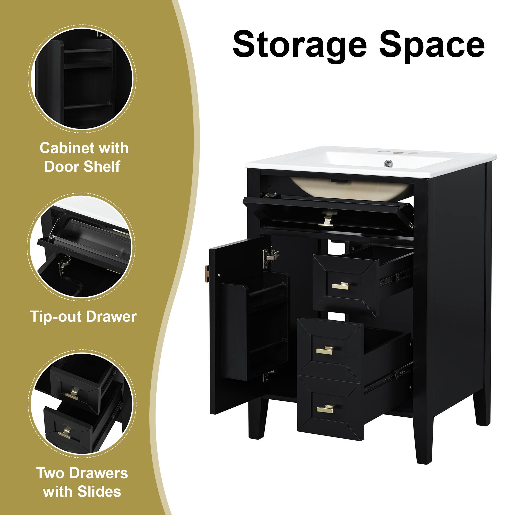 Storage Space Cabinet with Door Shelf Tip-out Drawer Two Drawers with Slides