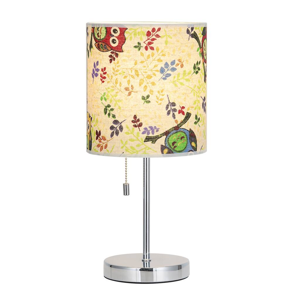 Angle. Oumilen - Owl Print Table Lamp with Pull Chain – Fabric Shade, E26 Base for Bedroom, Living Room.