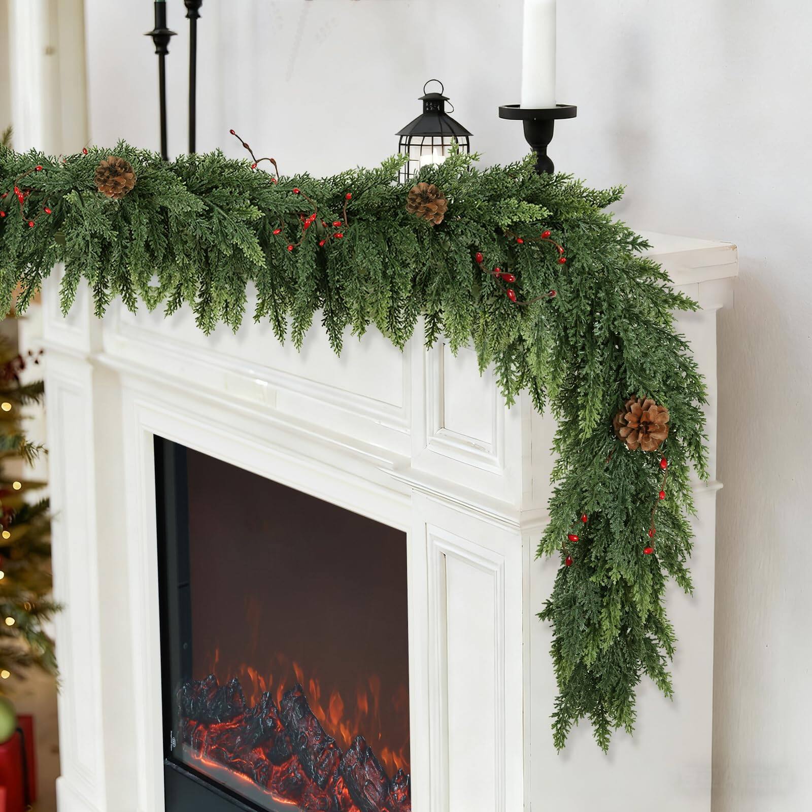 Alt View 3. Refined Abode Design - Realistic Christmas Garland Mantle Real Touch Thicklush Artificial Cedar Garlands Pine Conesred Berries - MULTI.