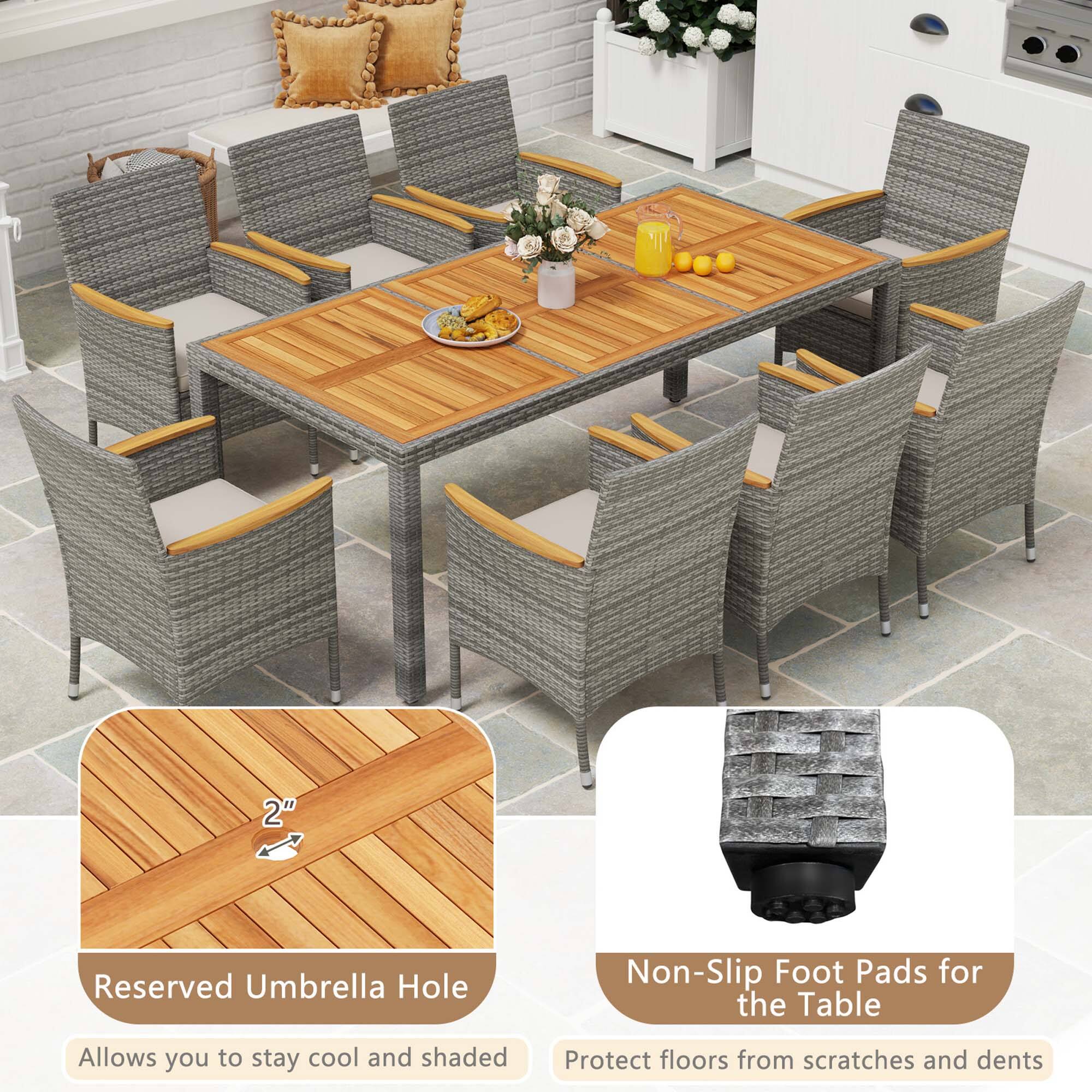 The image features a wooden dining table with chairs surrounding it. The table is set with a vase of flowers and a bowl of fruit, creating an inviting atmosphere. The table is accompanied by a set of non-slip foot pads, which are designed to protect the floors from scratches and dents while providing a comfortable and stable surface for the table. The foot pads also offer a cool and shaded area for people to sit and enjoy their meals.