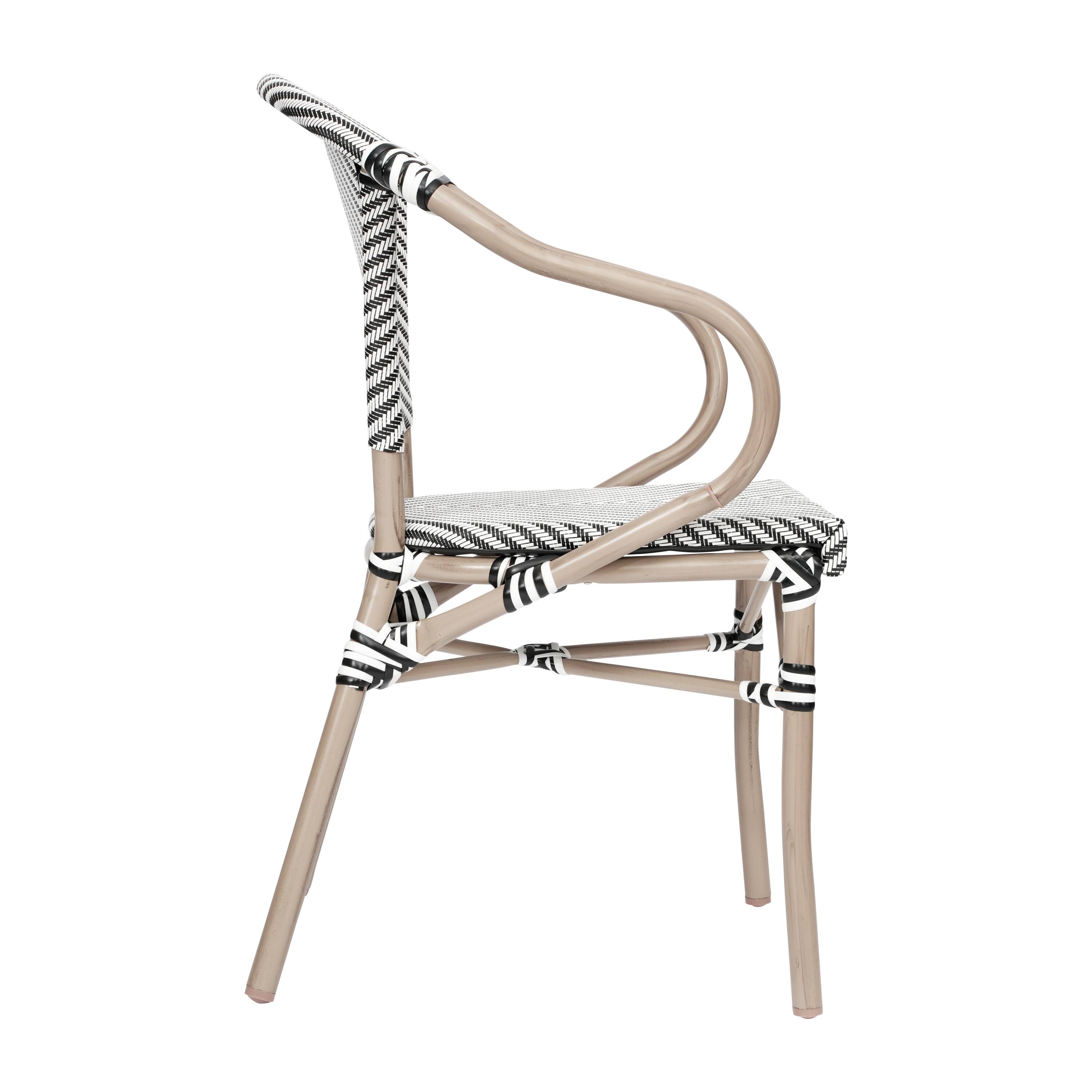 Alt View 7. Emma + Oliver - Massalia Indoor/Outdoor Stacking Thonet Bistro Style Chair with Arms, Textilene Seat and Bamboo Finished Metal Frame - Black & White/Light Natural Frame.