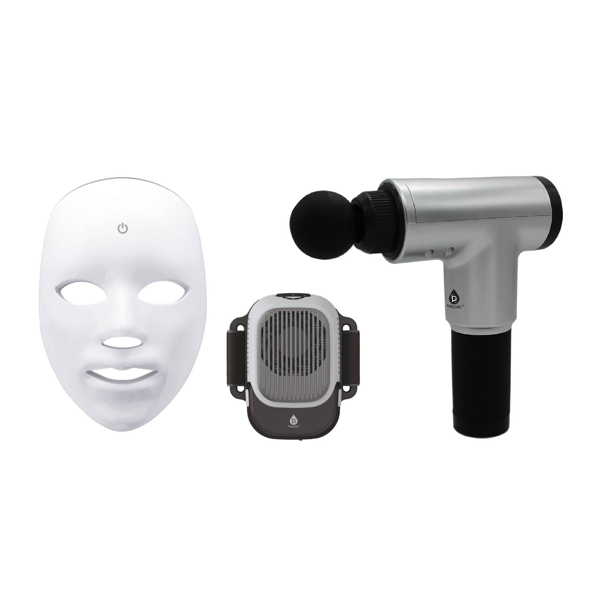 Front. Pursonic - Total Wellness Recovery Bundle – Massage Gun, Red Light Therapy Mask & Hot/Cold Therapy Cube.