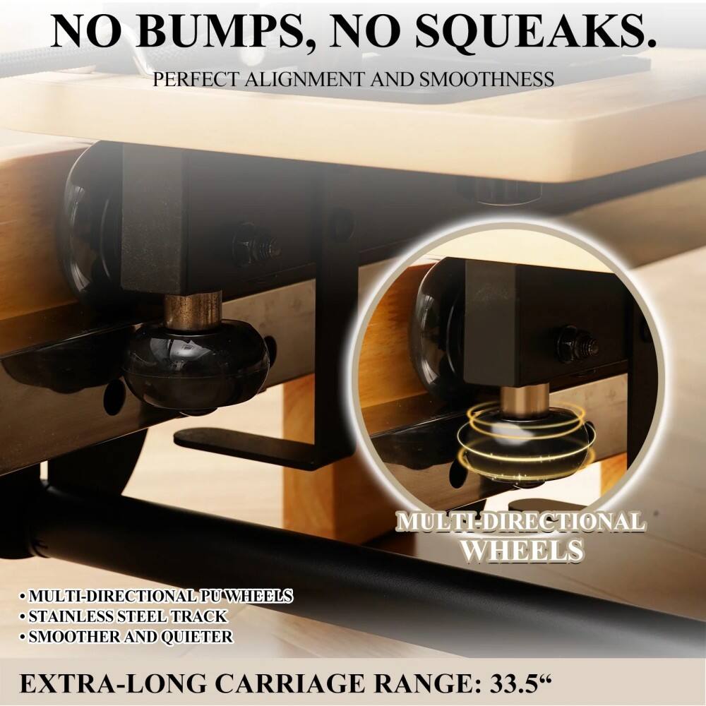 NO BUMPS, NO SQUEAKS.  
PERFECT ALIGNMENT AND SMOOTHNESS  

MULTI-DIRECTIONAL WHEELS  
- MULTI-DIRECTIONAL PU WHEELS  
- STAINLESS STEEL TRACK  
- SMOOTHER AND QUIETER  

EXTRA-LONG CARRIAGE RANGE: 33.5"