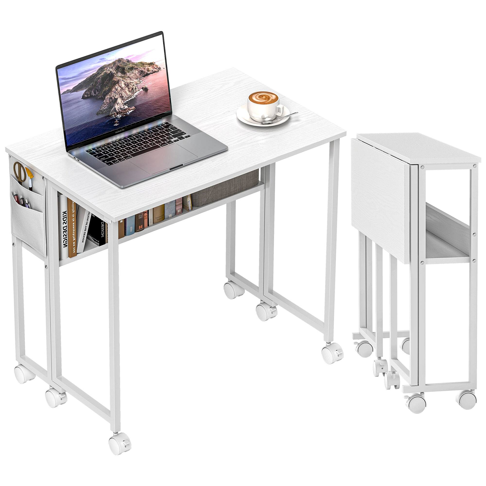 Homcom - Small Folding Desk with Storage Bag and Shelf, 31.5" Portable Writing Table on Wheels - White