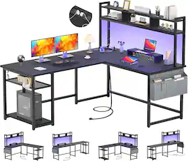 Aheaplus - L Shaped Desk with Hutch, 59'' Gaming Desk with Outlets, LED Lights, and Storage Bag for Home & Office - Black