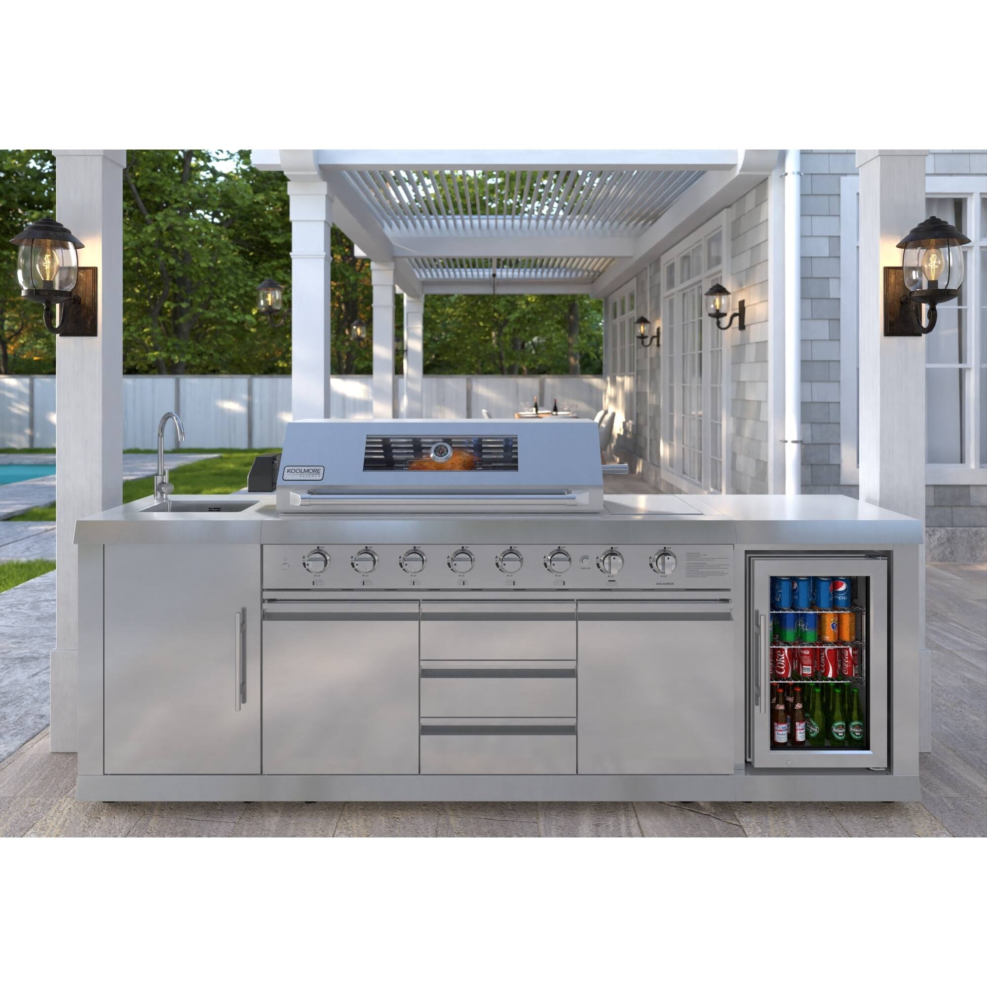 Left. Koolmore - KoolMore Reserve Outdoor Kitchen Island with 6 Burner Grill and Side Burner, Sink, Storage Cabinet and Refrigerator - Stainless Steel.
