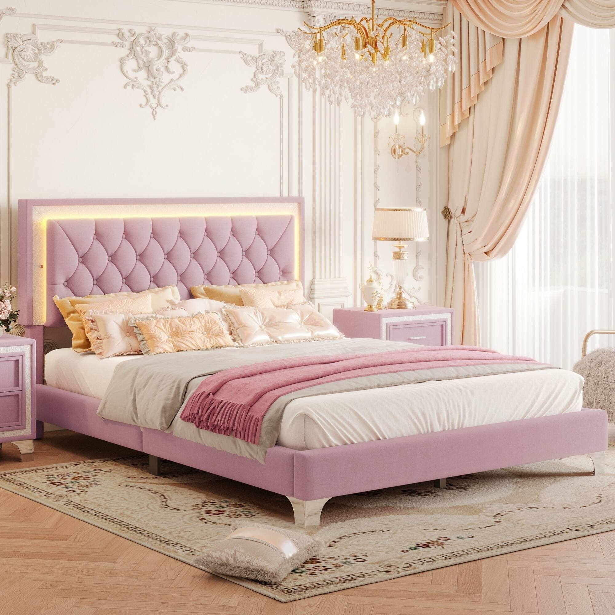 Left. GOODSILO - Elegant Velvet Upholstered Queen Bed Frame with LED Lights and Tufted Headboard - Pink.