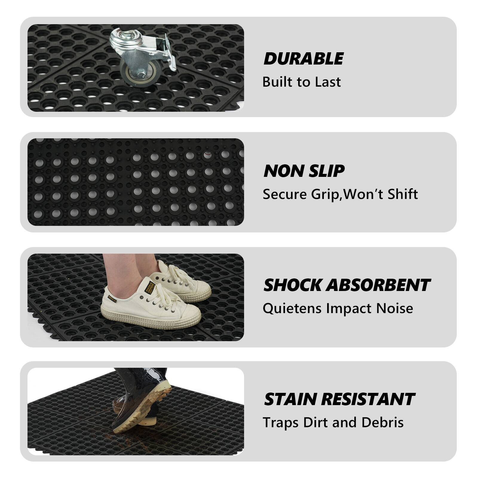 DURABLE  
Built to Last  

NON SLIP  
Secure Grip, Won't Shift  

SHOCK ABSORBENT  
Quiets Impact Noise  

STAIN RESISTANT  
Traps Dirt and Debris