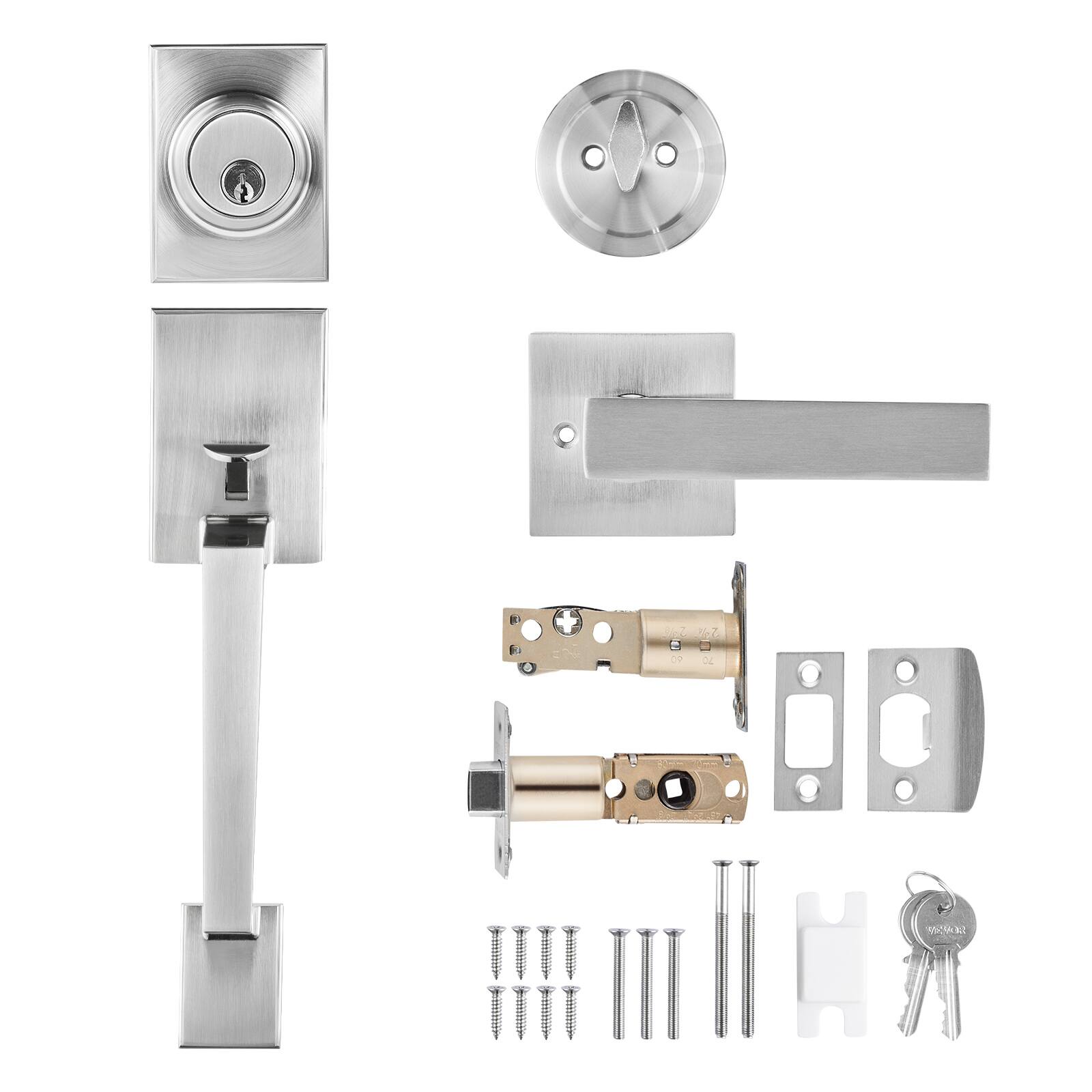 Alt View 5. VEVOR - Front Door Handle and Deadbolt Set, Square Entry Handle Set with Lever, Single Cylinder, Adjustable Hole Space - Silver.