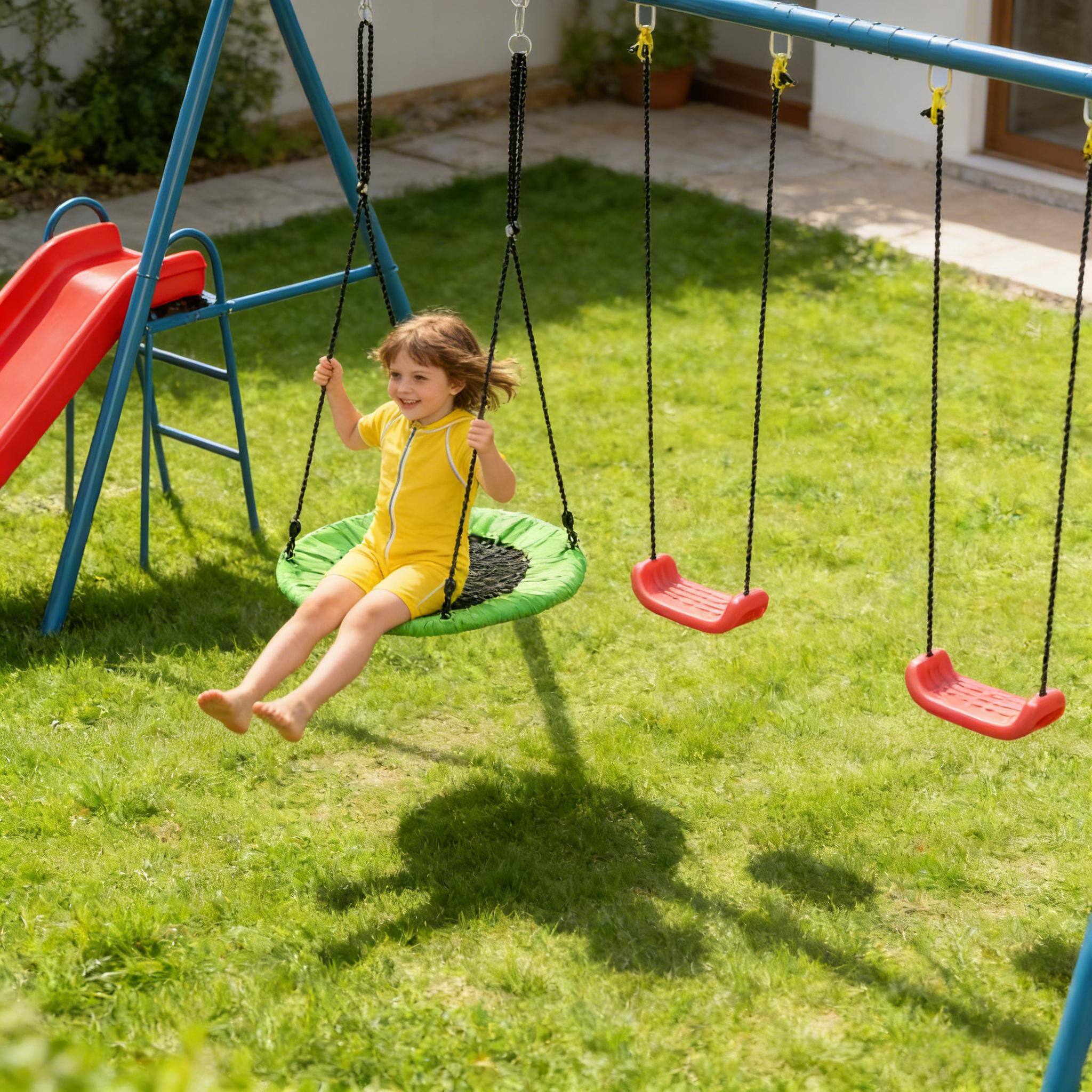 Left. Siljoy - 3‑in‑1 Metal Swing Set with Nest Swing, Slide, 2 Seats, 352lb Capacity, for Backyard, Ages 3‑8 - Dark Blue,Green,Red.