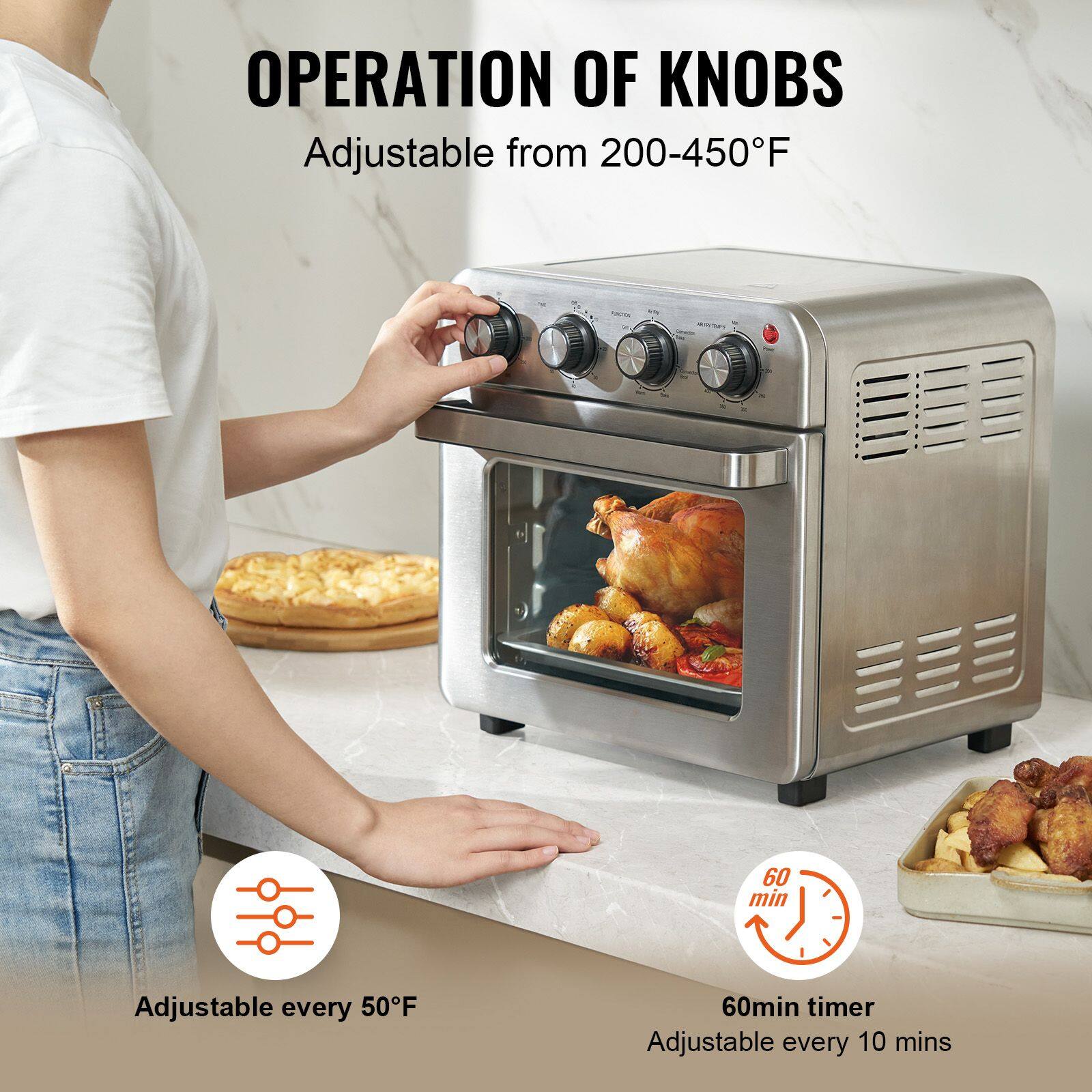 OPERATION OF KNOBS  
Adjustable from 200-450°F  
Adjustable every 50°F  
60 min timer  
Adjustable every 10 mins