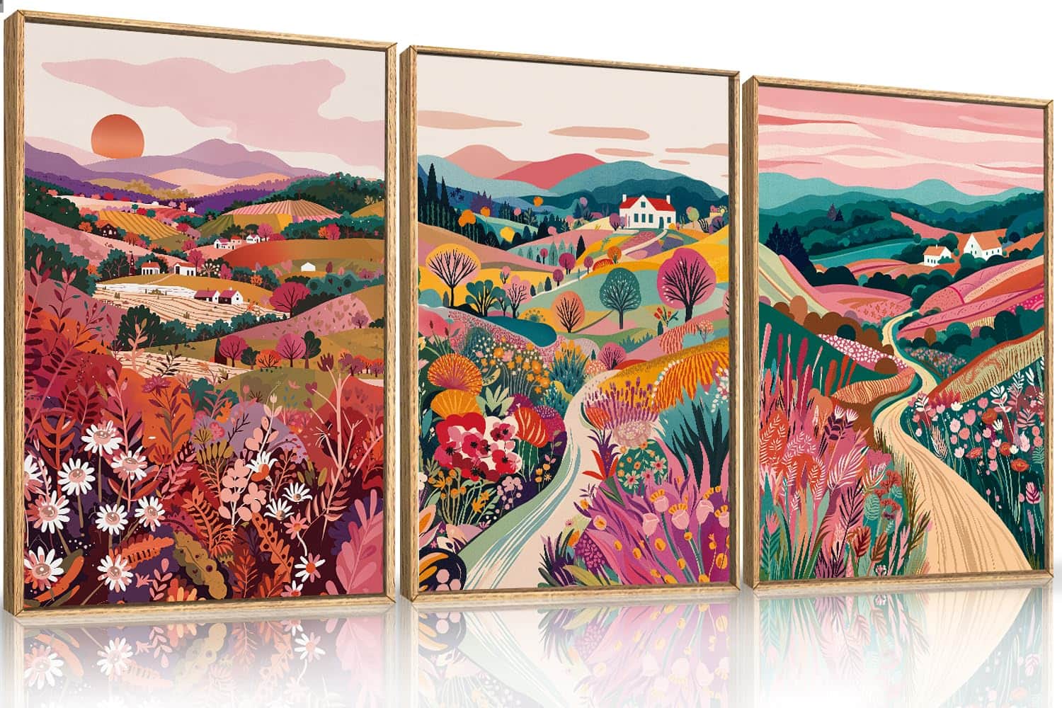 Fabibe - Green Forest Mountain Landscape horizontal Wall Art Framed, Colorful Wildflower Nature Decor(20x40), Blue Sky White Clou - Floral Mountain 24"L x 36"W