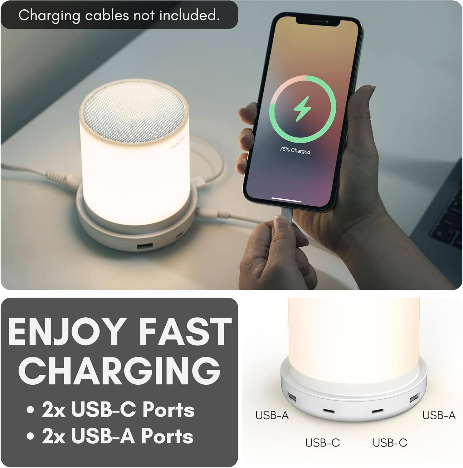 Charging cables not included.

75% Charged

ENJOY FAST CHARGING

- 2x USB-C Ports
- 2x USB-A Ports

USB-A USB-C USB-A USB-C