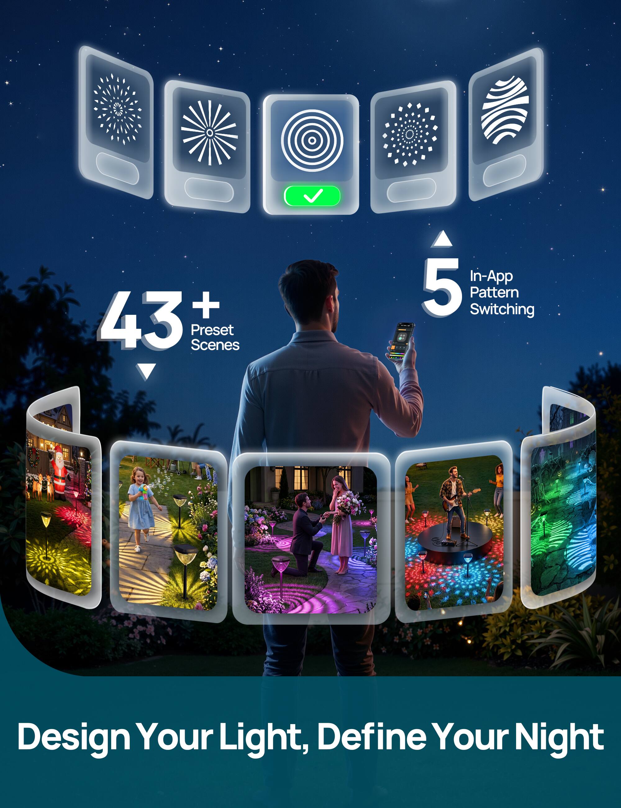 43+ Preset Scenes  
5 In-App Pattern Switching  
Design Your Light, Define Your Night