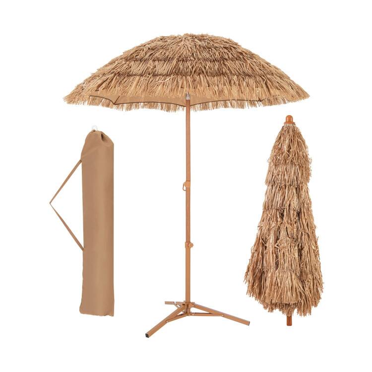 Front. SlickBlue - Patio Thatched Tiki Umbrella, 6.5 FT with Foldable Stand and Push Button Tilt - Natural.