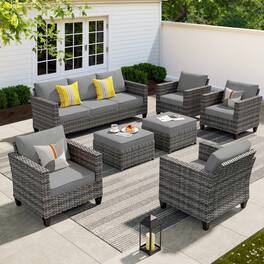 Ovios - 7 PCS Patio Furniture Set All-Weather Rattan 3 Seat Sofa with Comfy Armchairs & Ottomans - Dark Gray