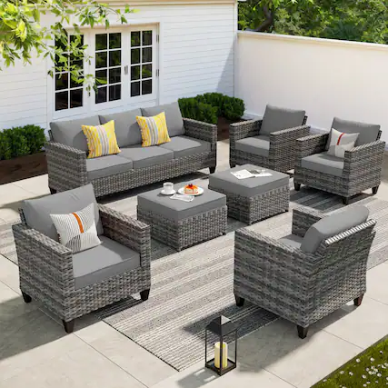 Front. Ovios - 7 PCS Patio Furniture Set All-Weather Rattan 3 Seat Sofa with Comfy Armchairs & Ottomans - Dark Gray.
