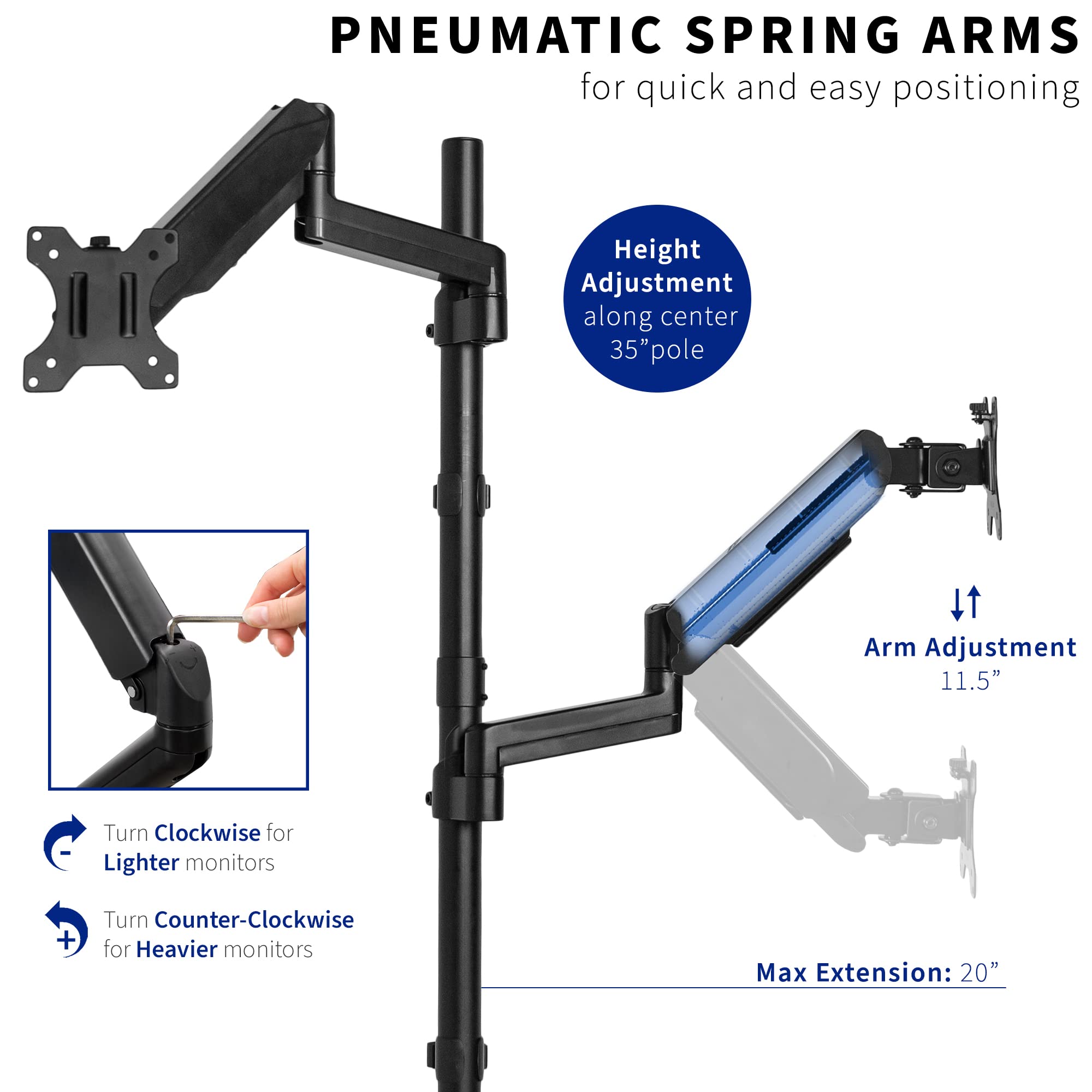 PNEUMATIC SPRING ARMS for quick and easy positioning

- Height Adjustment along center 35" pole
- Arm Adjustment 11.5"
- Turn Clockwise for Lighter monitors
- Turn Counter-Clockwise for Heavier monitors
- Max Extension: 20"