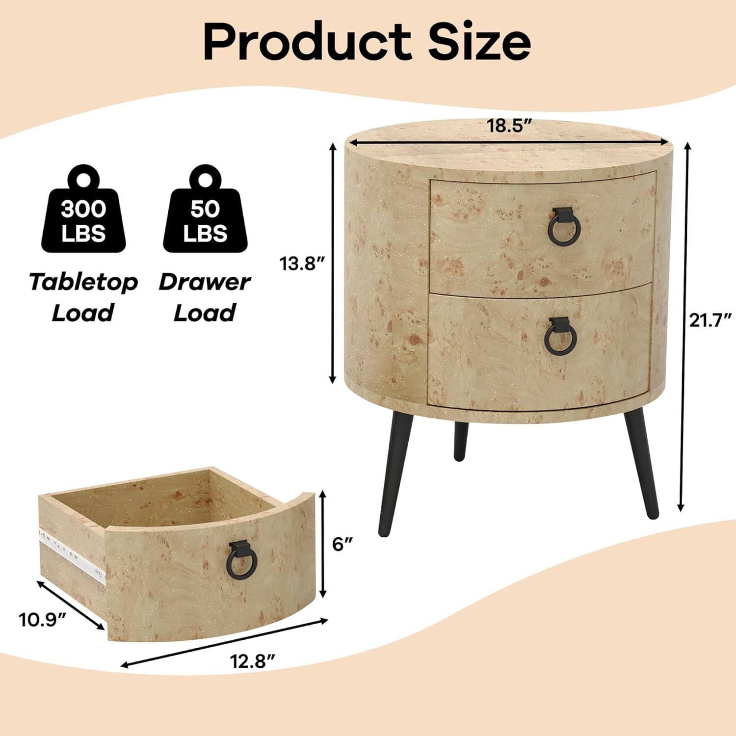 Product Size  
18.5"  
Tabletop Load: 300 LBS  
Drawer Load: 50 LBS  
13.8"  
21.7"  
10.9"  
6"  
12.8"