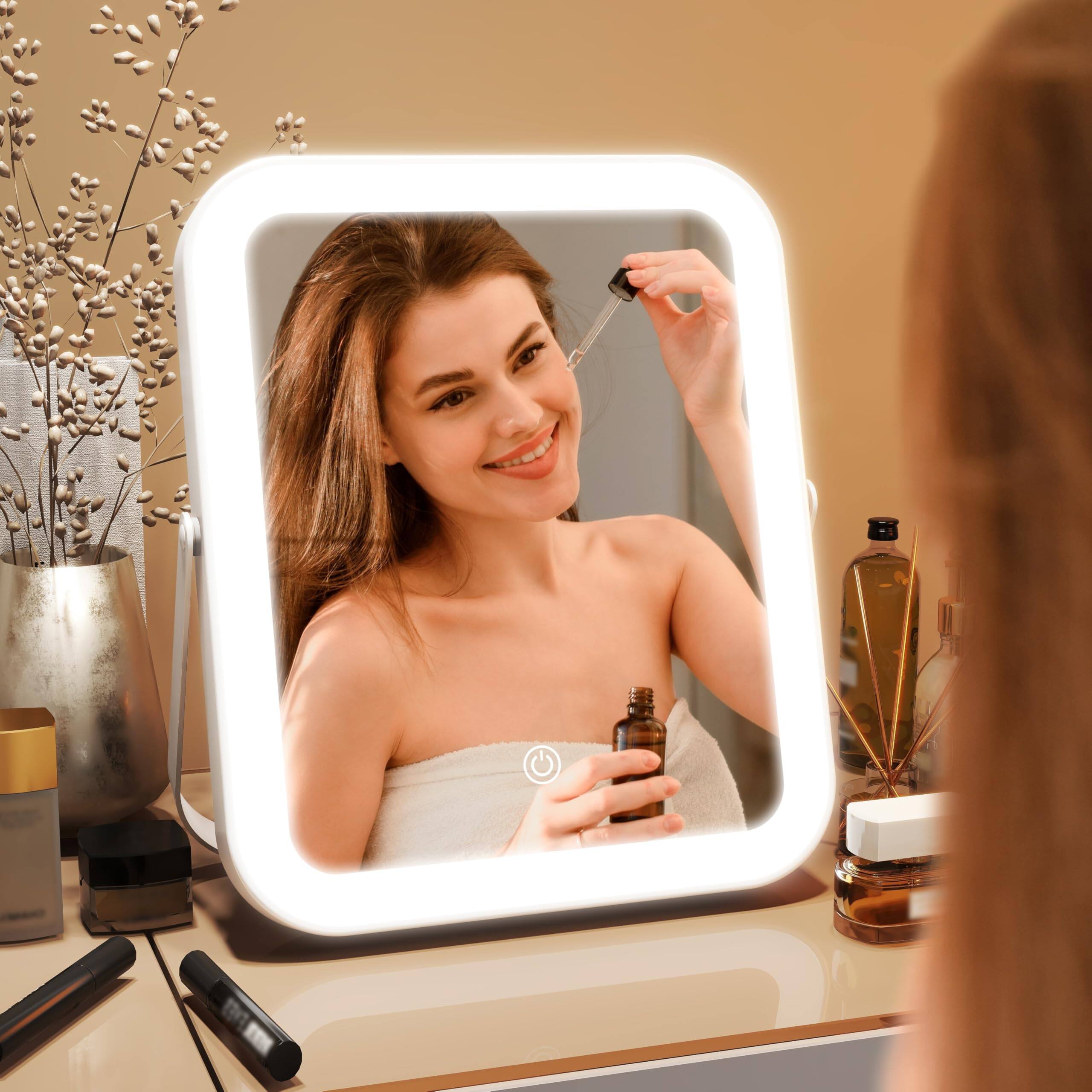 Alt View 5. Earthley Blooms - 10"x8" Portable Lighted Makeup Mirror With 3-color Dimmable Led  Touch Screen Vanity For Travel Or Bedroom Desk (white) - White-42"x32".